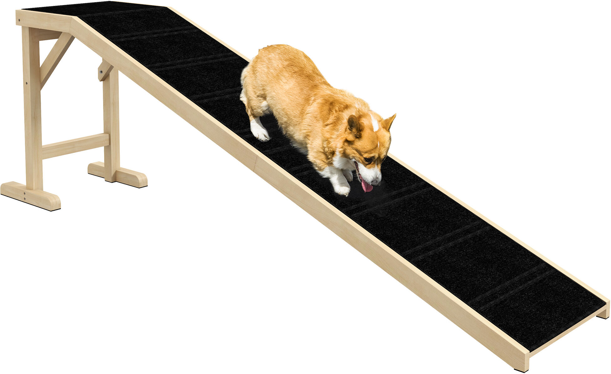 PawHut Pet Ramp for Dogs Non-slip Carpet Top Platform Pine Wood 74"L x 16"W x 25"H, Natural Wood, Black