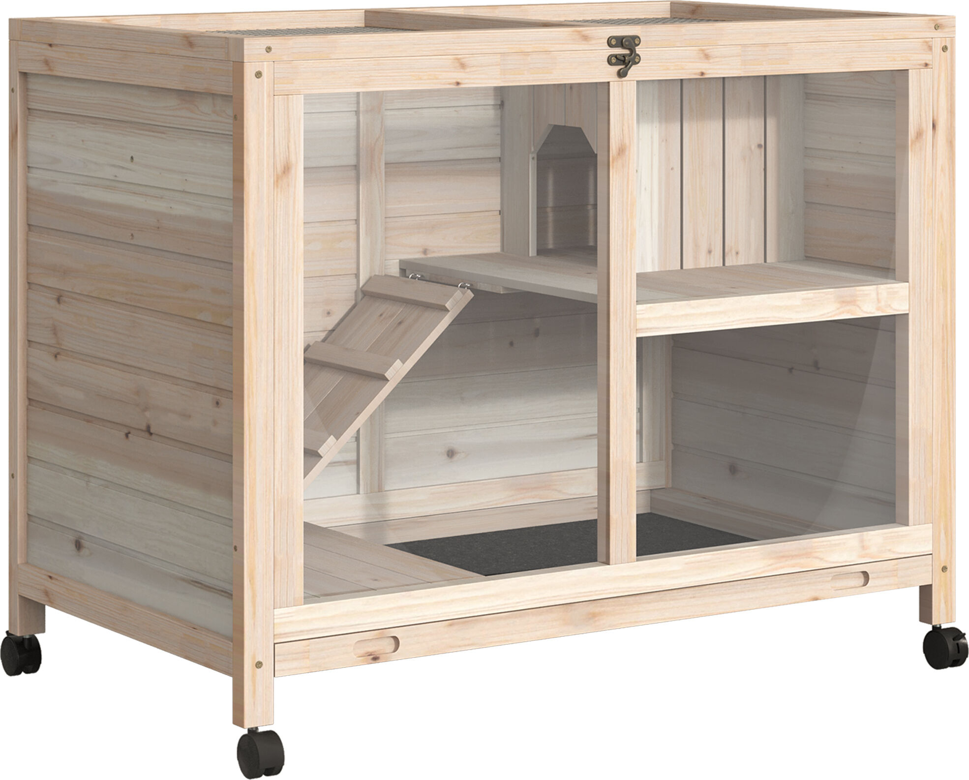 PawHut Rolling Rabbit Hutch Wooden Cage with Wheels Lockable Doors Run Ramp for Bunny Guinea Pig Hamster Natural   Aosom.com