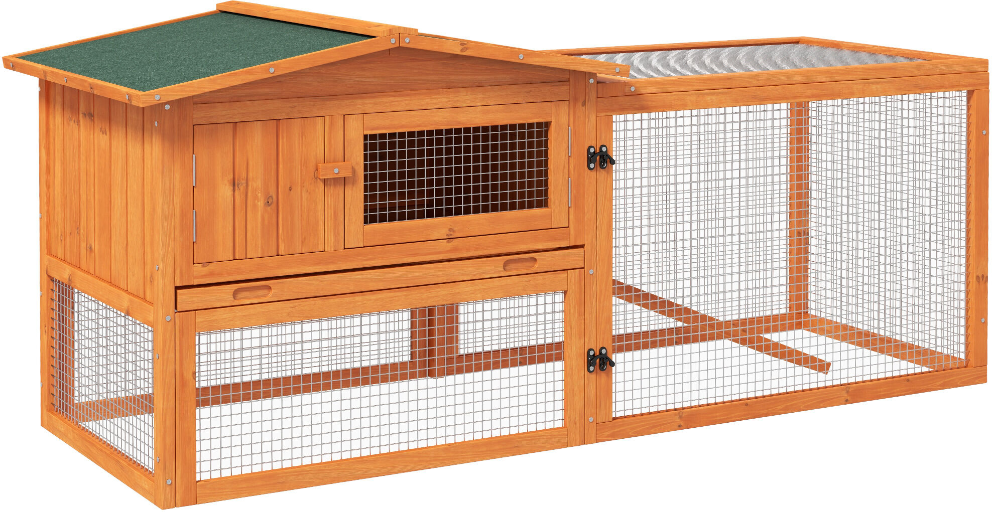 PawHut Rabbit Hutch 2-Story Bunny Cage, Small Animal House with Slide Out Tray & Detachable Run for Indoor Outdoor, 61.5" x 23" x 27", Golden Red