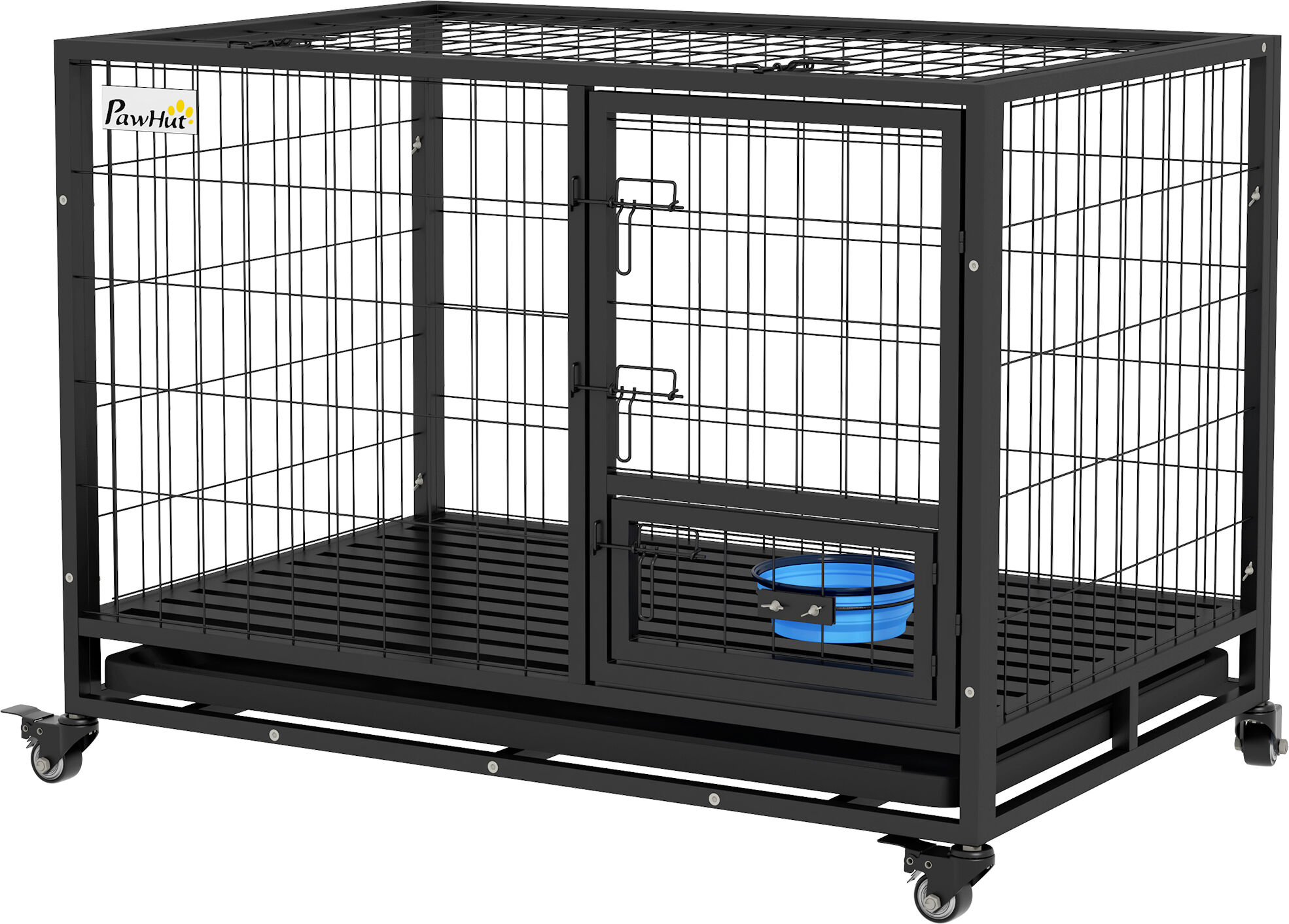 PawHut 43" Heavy Duty Metal Dog Kennel with Wheels Bowl Holder Detachable Top Black for Large Extra Large Dogs   Aosom.com