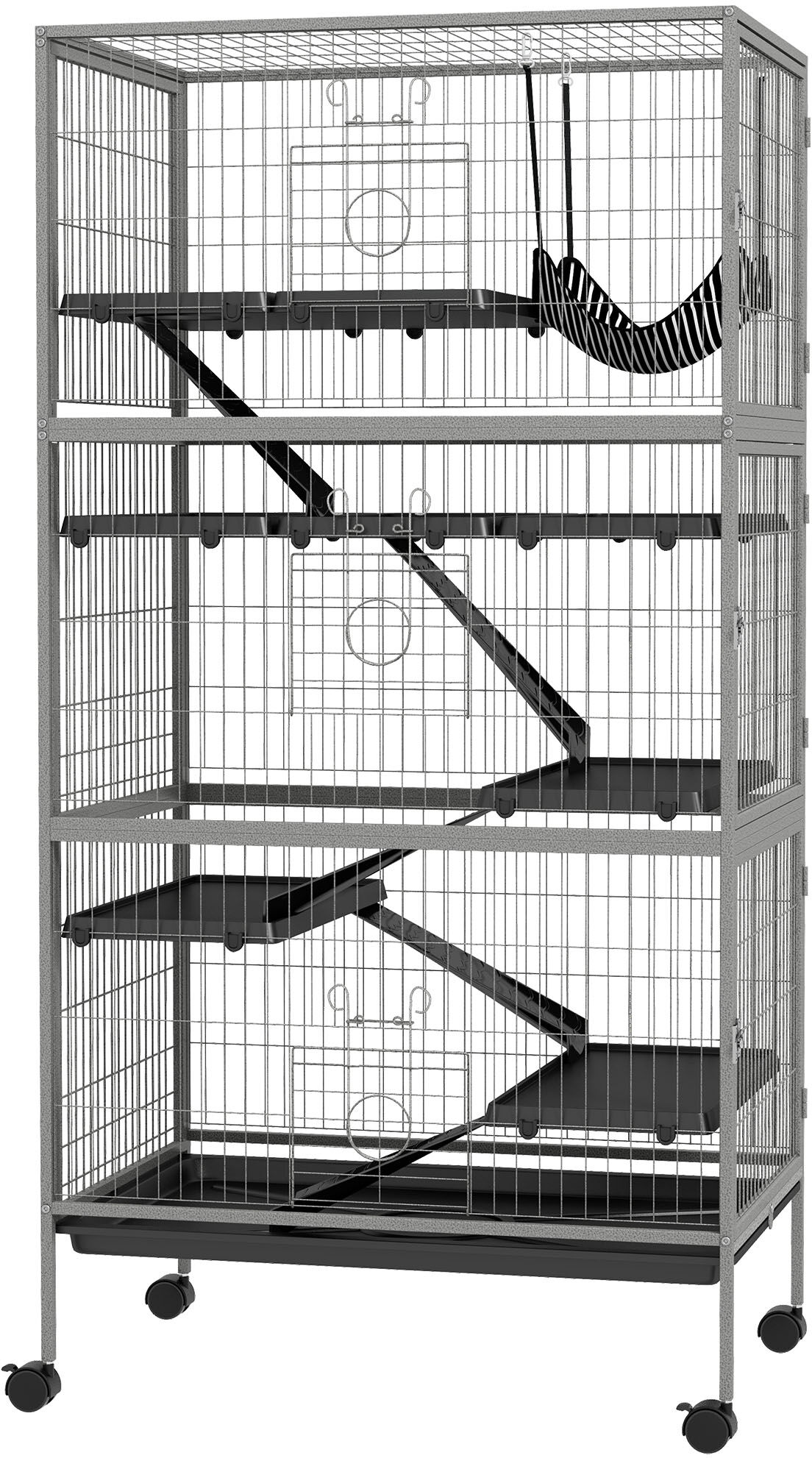 PawHut 63" H Rolling Small Animal Cage with Hammock, Ferret Cage, Chinchilla Cage, Pet Habitat with 6 Doors, Removable Tray