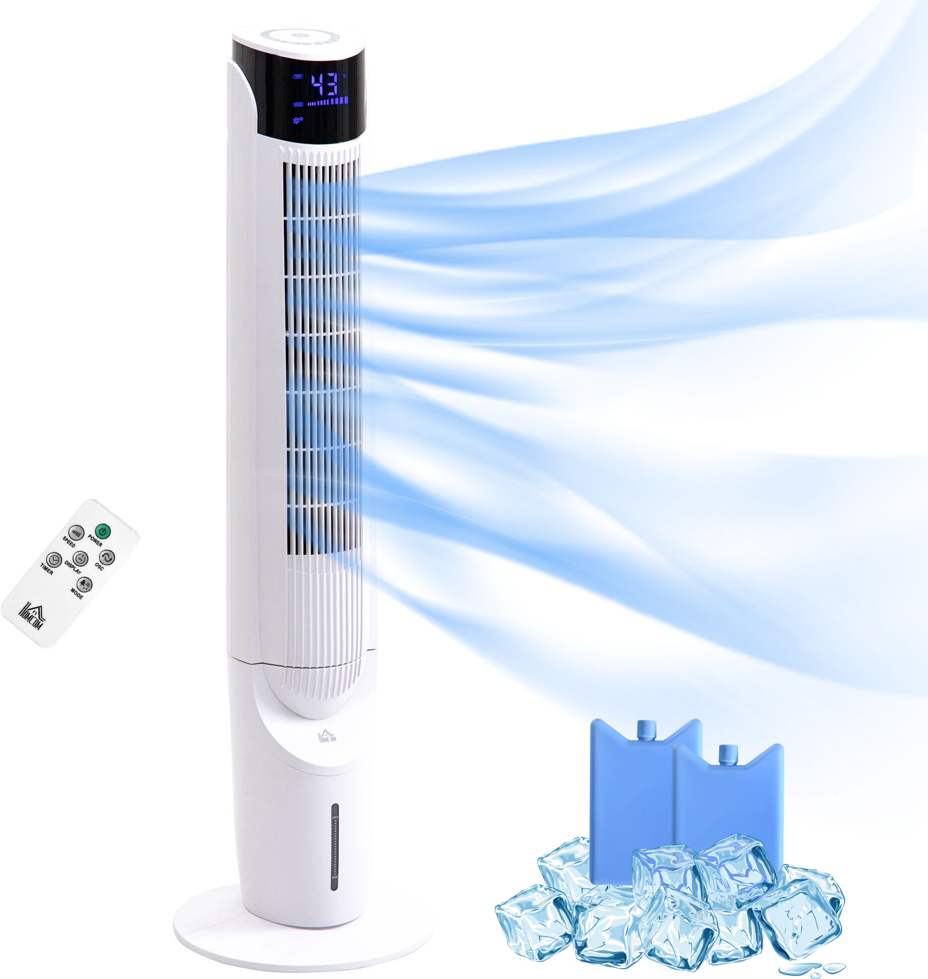 HOMCOM Ice Cooling Tower Fan, Standing Oscillating Fan with 3 Speeds, 4 Modes, 12 Hour Timer, LED Display and Remote Control for Bedroom, White