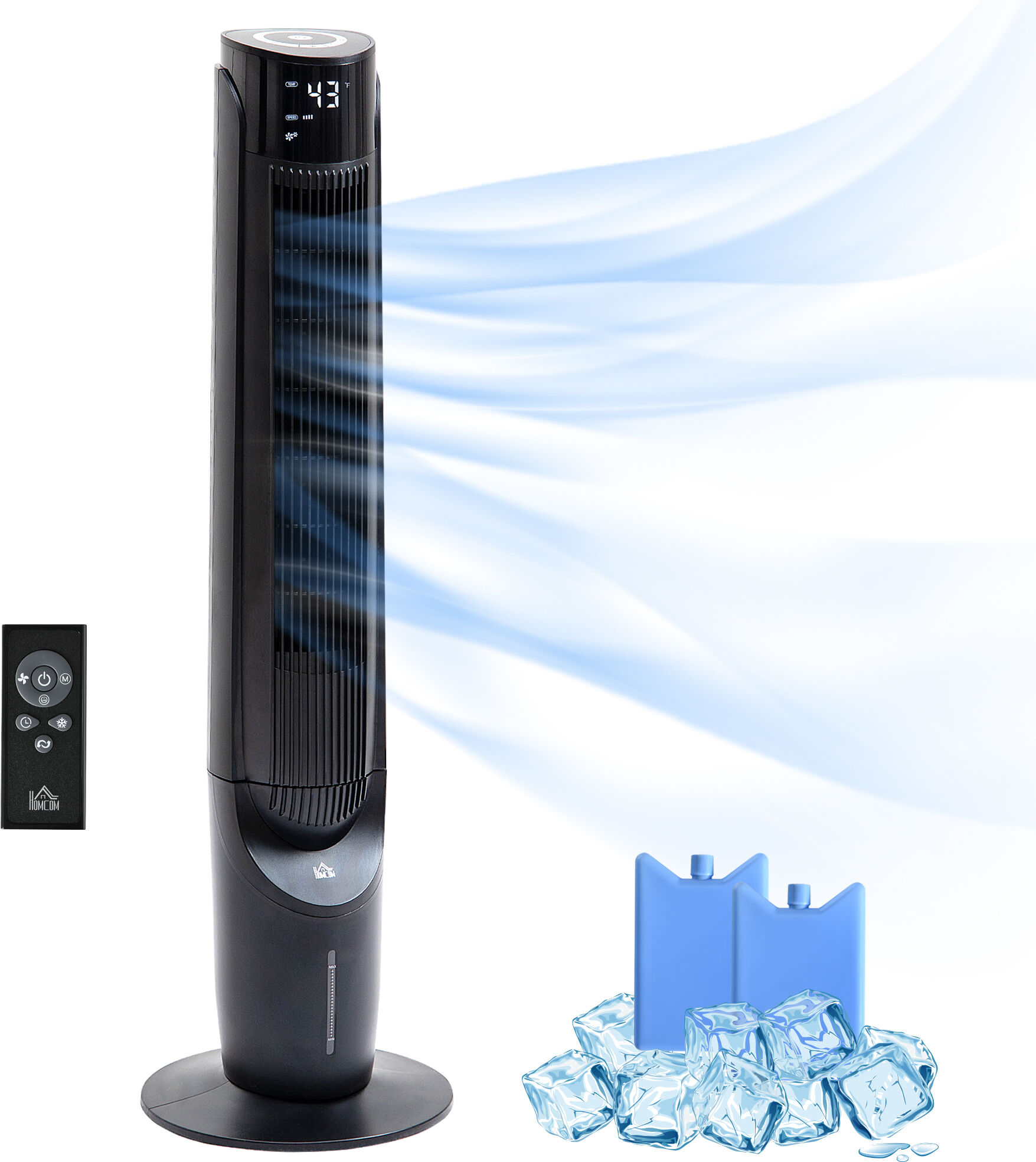 HOMCOM Ice Cooling Tower Fan, Standing Oscillating Fan with 3 Speeds, 4 Modes, 12 Hour Timer, LED Display and Remote Control, Black