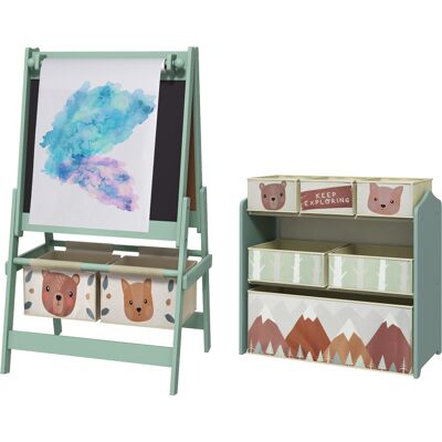 Qaba Kids Toy Organizer and Kids Easel Set with 6 Storage Bins, Paper Roll, Blackboard, Whiteboard, for Ages 3-8 Years, Green Qaba Kids Toy Organizer and Kids Easel Set with 6 Storage Bins, Paper Roll, Blackboard, Whiteboard, for Ages 3-8 Years, Green