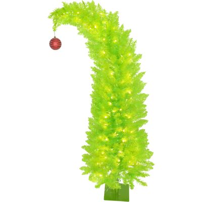 HOMCOM 5 ft Bent Top Whimsical Christmas Tree, Pencil Xmas Tree with with Red Ball, Metal Base, Prelit with 200 LED Lights HOMCOM 5 ft Bent Top Whimsical Christmas Tree, Pencil Xmas Tree with with Red Ball, Metal Base, Prelit with 200 LED Lights