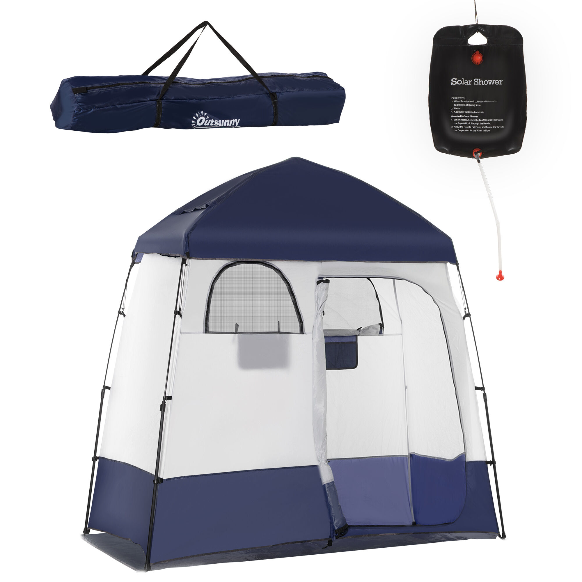 Outsunny Pop Up Shower Tent w/ Two Rooms, Shower Bag, Floor and Carrying Bag, Portable Privacy Shelter, Instant Changing Room for 2 Person, Blue