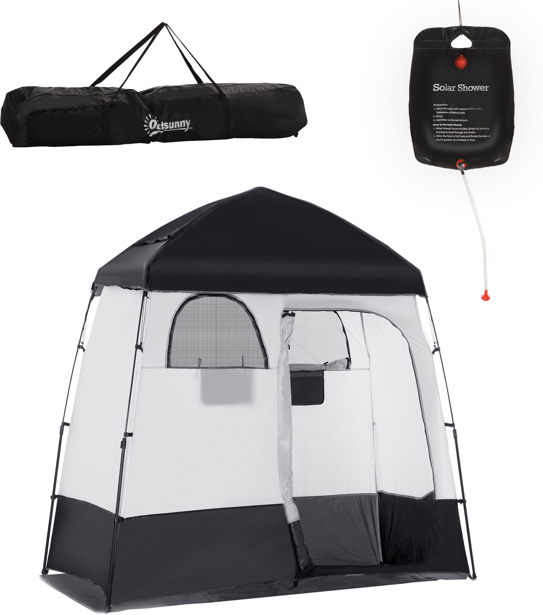 Outsunny Pop Up Shower Tent Portable 2 Room Changing Shelter Black with Shower Bag   Aosom.com