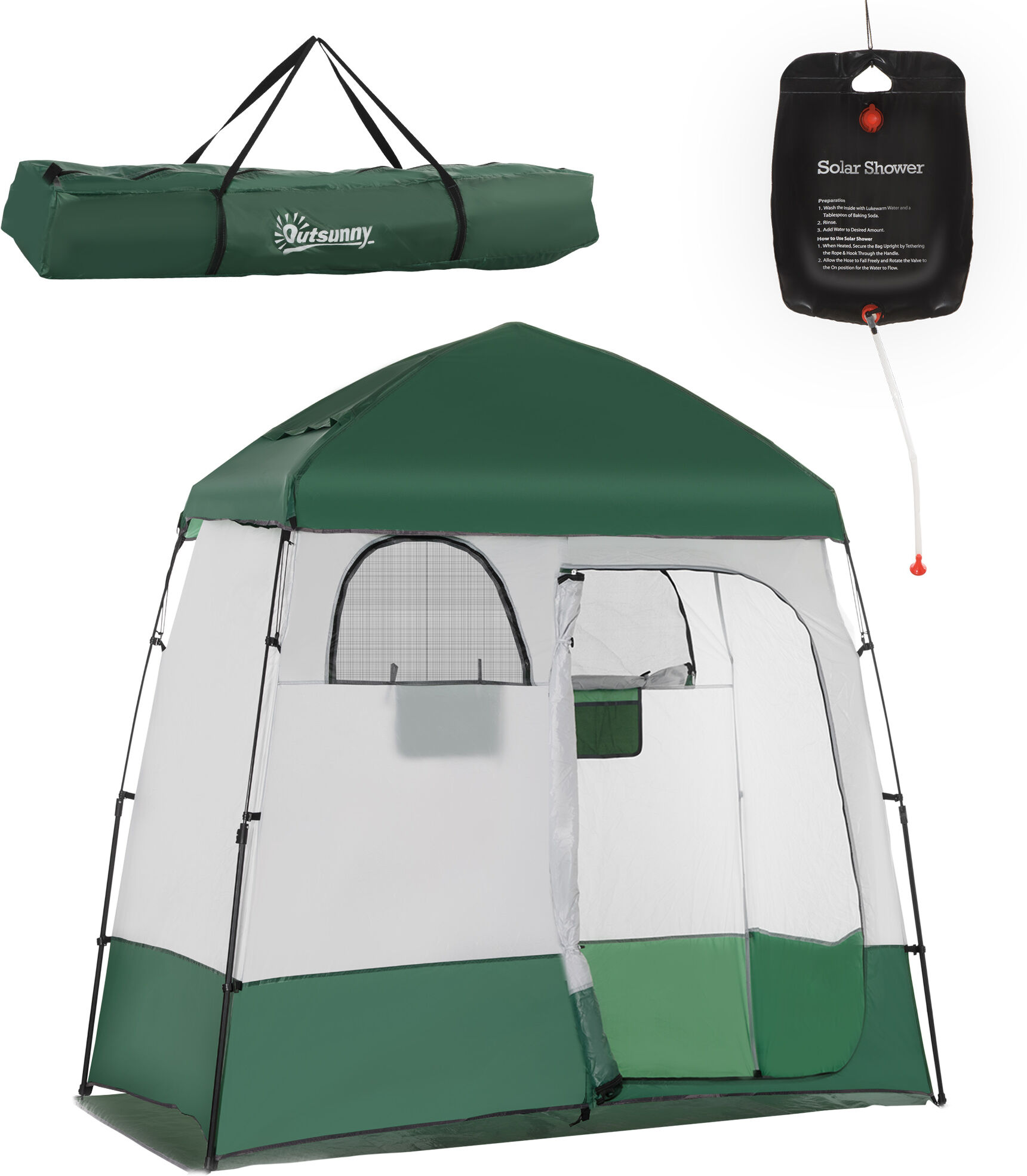 Outsunny Pop Up Shower Tent w/ Two Rooms, Shower Bag, Floor and Carrying Bag, Portable Privacy Shelter, Instant Changing Room for 2 Person, Green