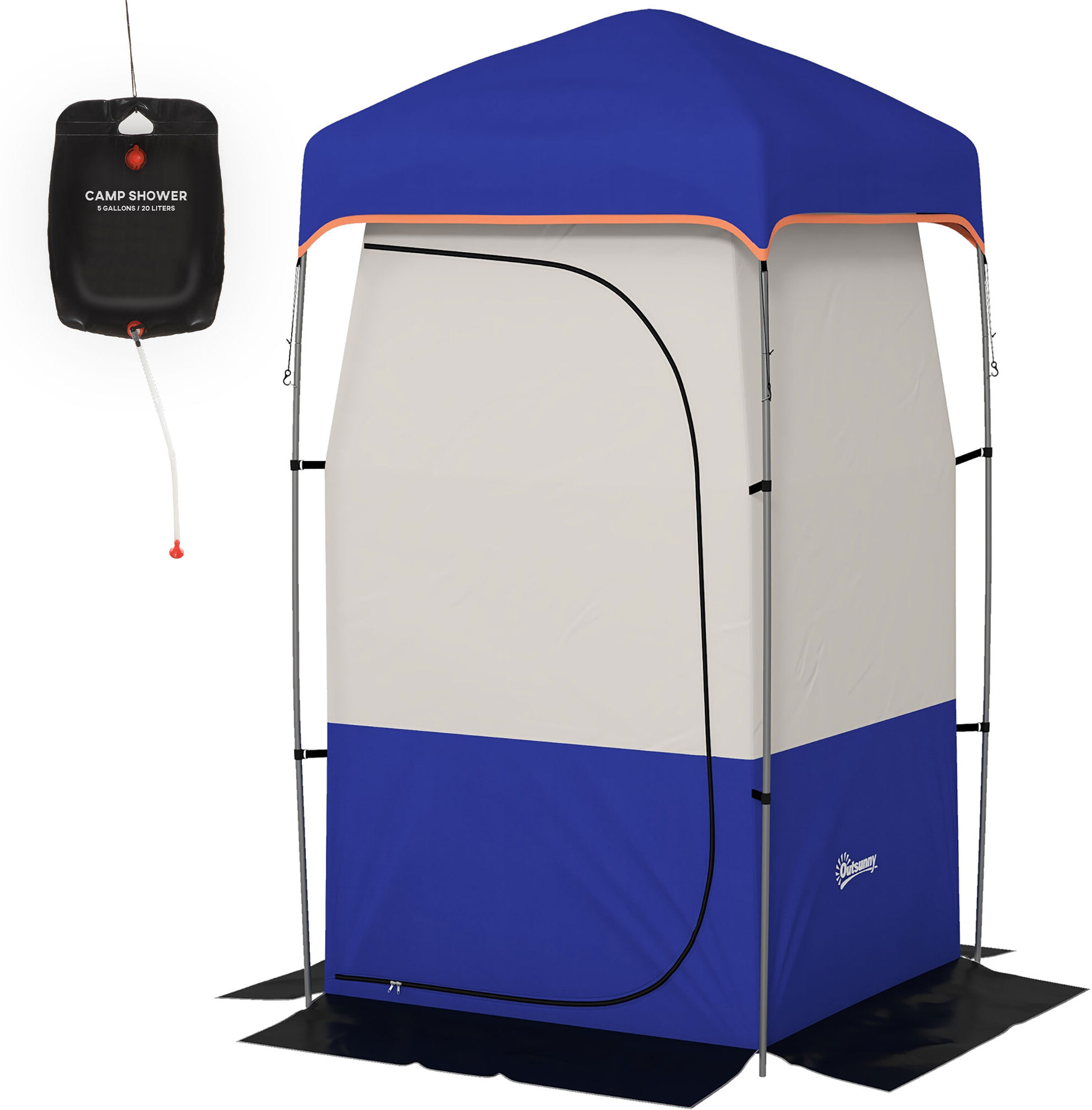 Outsunny Camping Shower Tent, Portable Privacy Shelter with Solar Shower Bag, Removable Floor and Carrying Bag, Blue