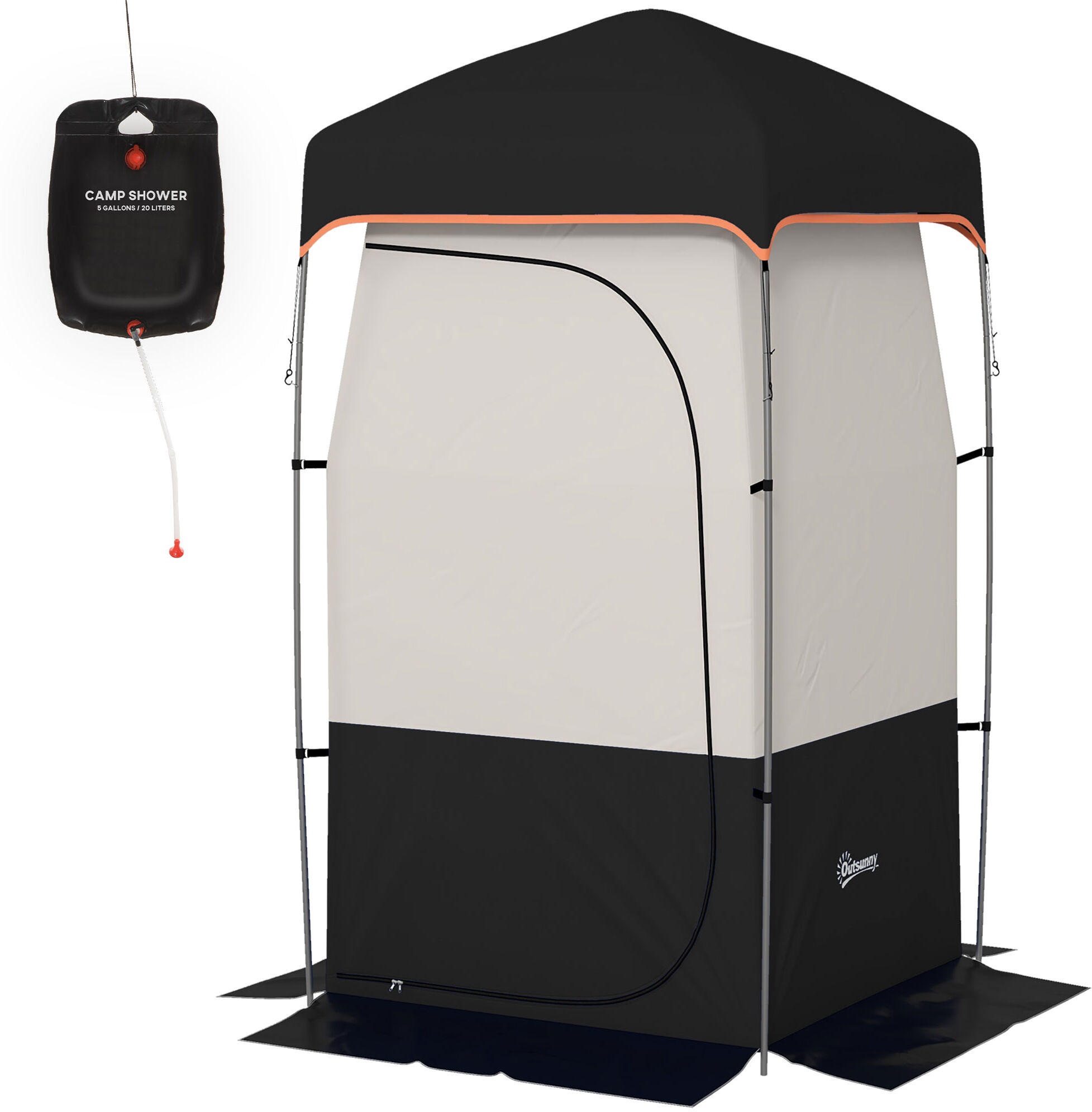 Outsunny Camping Shower Tent, Portable Privacy Shelter with Solar Shower Bag, Removable Floor and Carrying Bag, Black