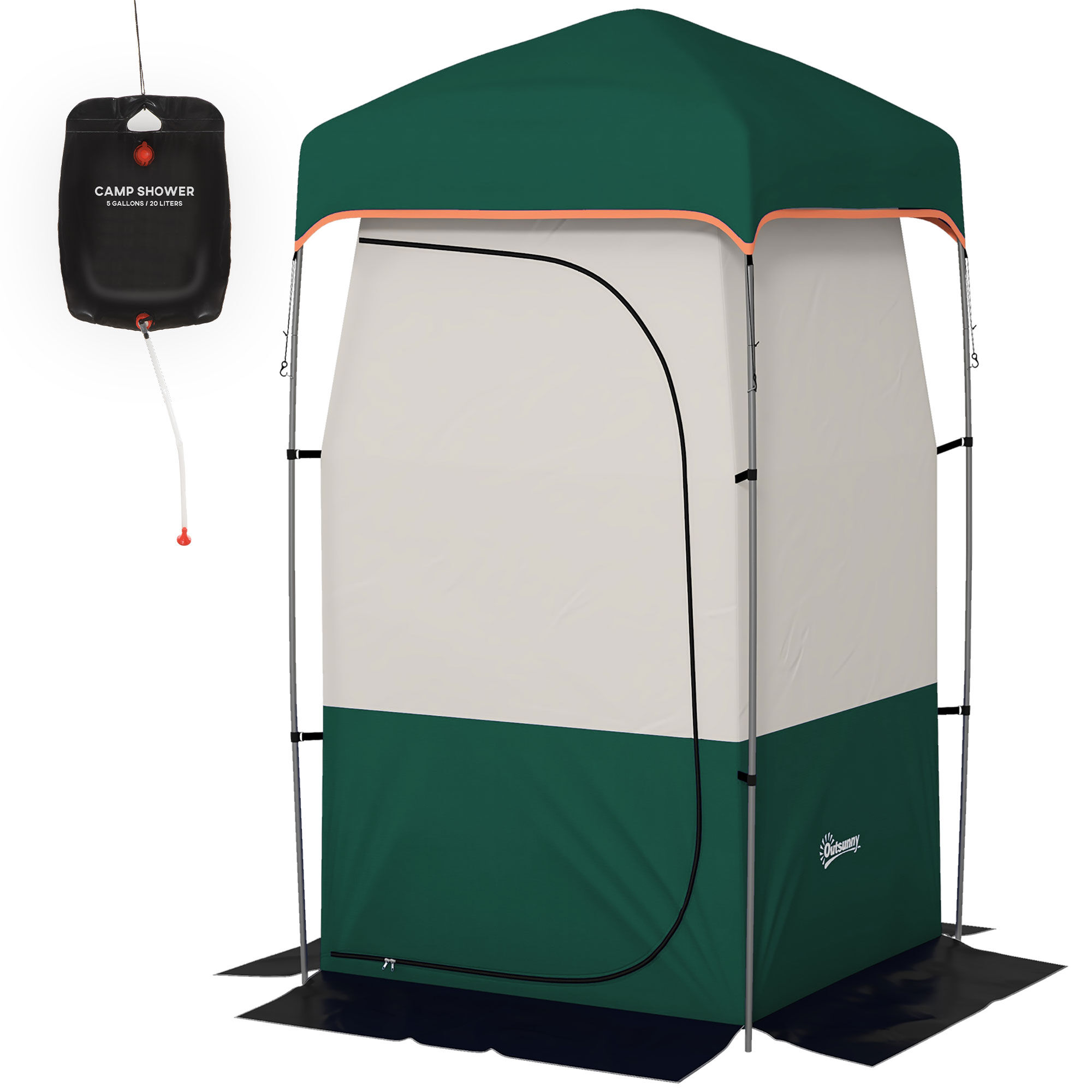Outsunny Camping Shower Tent, Portable Privacy Shelter with Solar Shower Bag, Removable Floor and Carrying Bag, Green
