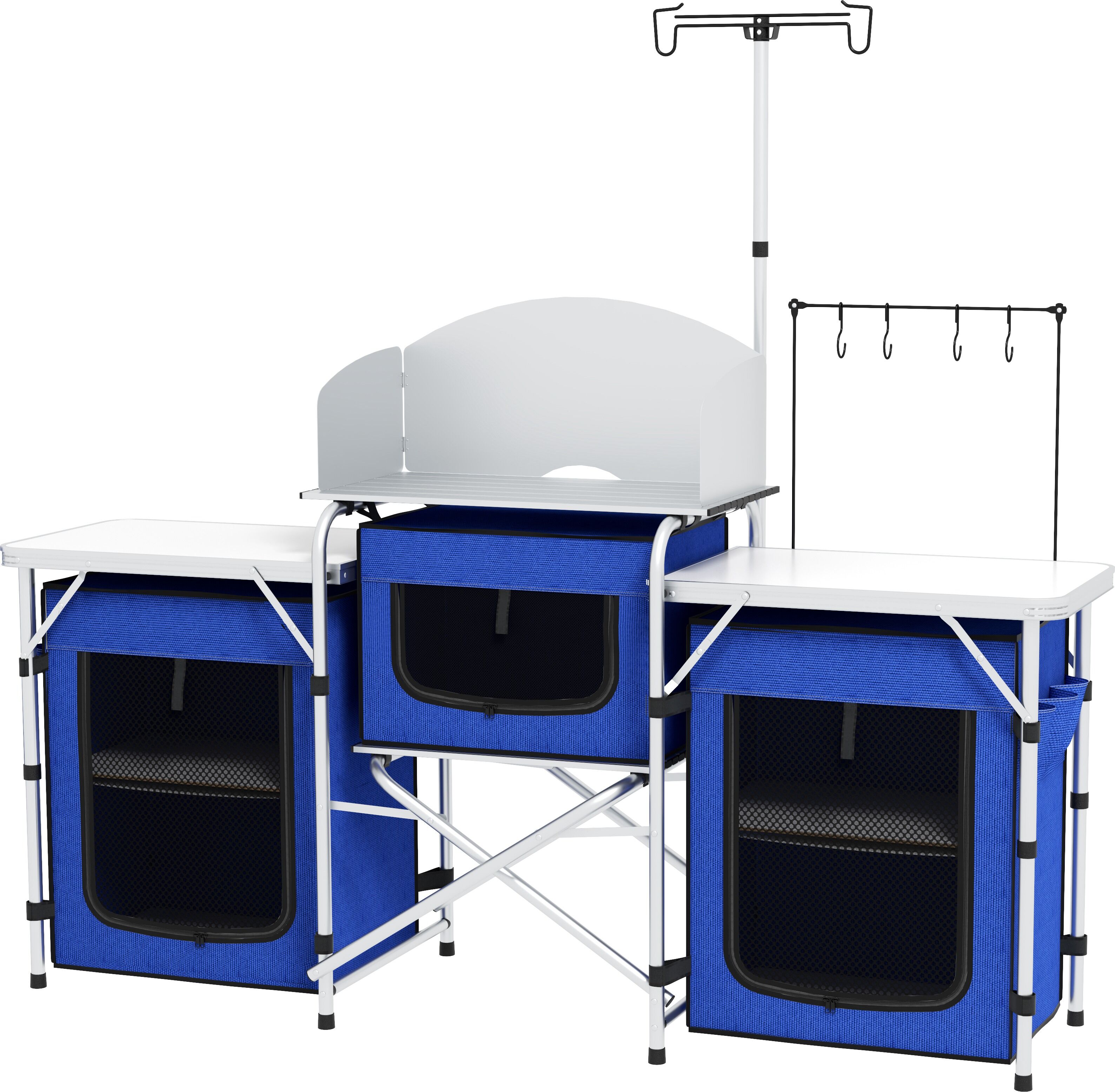 Outsunny Aluminum Camping Kitchen, Portable Folding Camping Table with Fabric Cupboards, Windshield, Bag for BBQ, Picnic, Blue