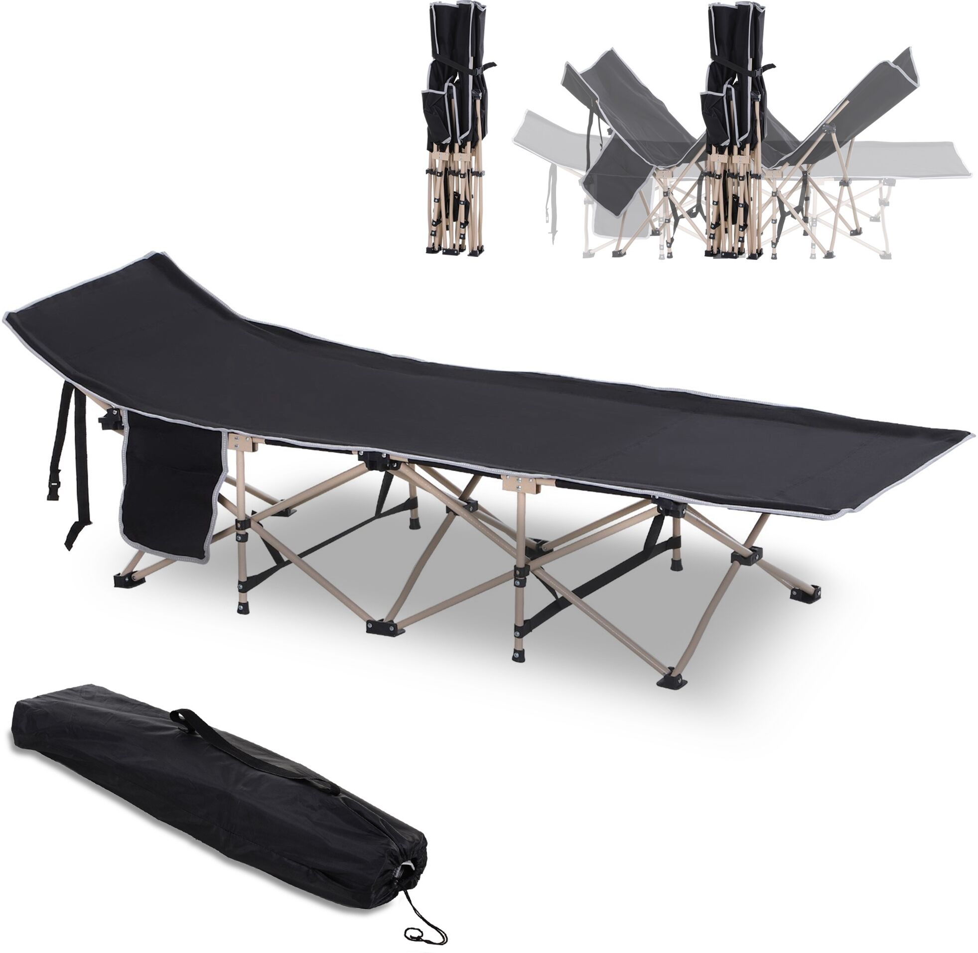 Outsunny Folding Camping Cots for Adults with Carry Bag, Side Pocket, Outdoor Portable Sleeping Bed, 330 lbs. Capacity, Black