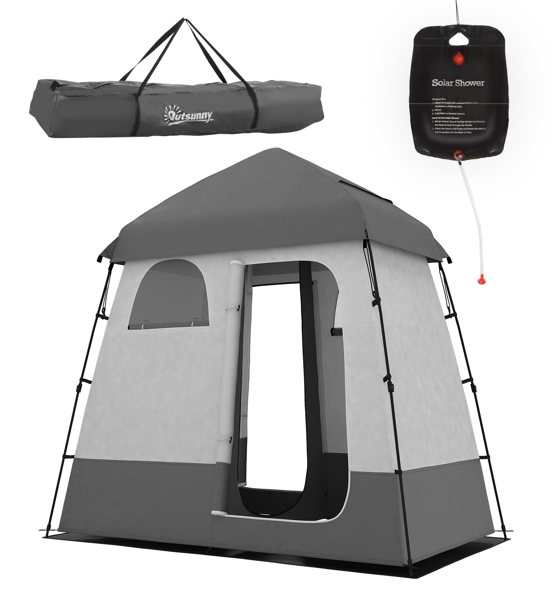 Outsunny Two Room Pop Up Shower Tent with Shower Bag, Floor and Carry Bag, Dark Gray