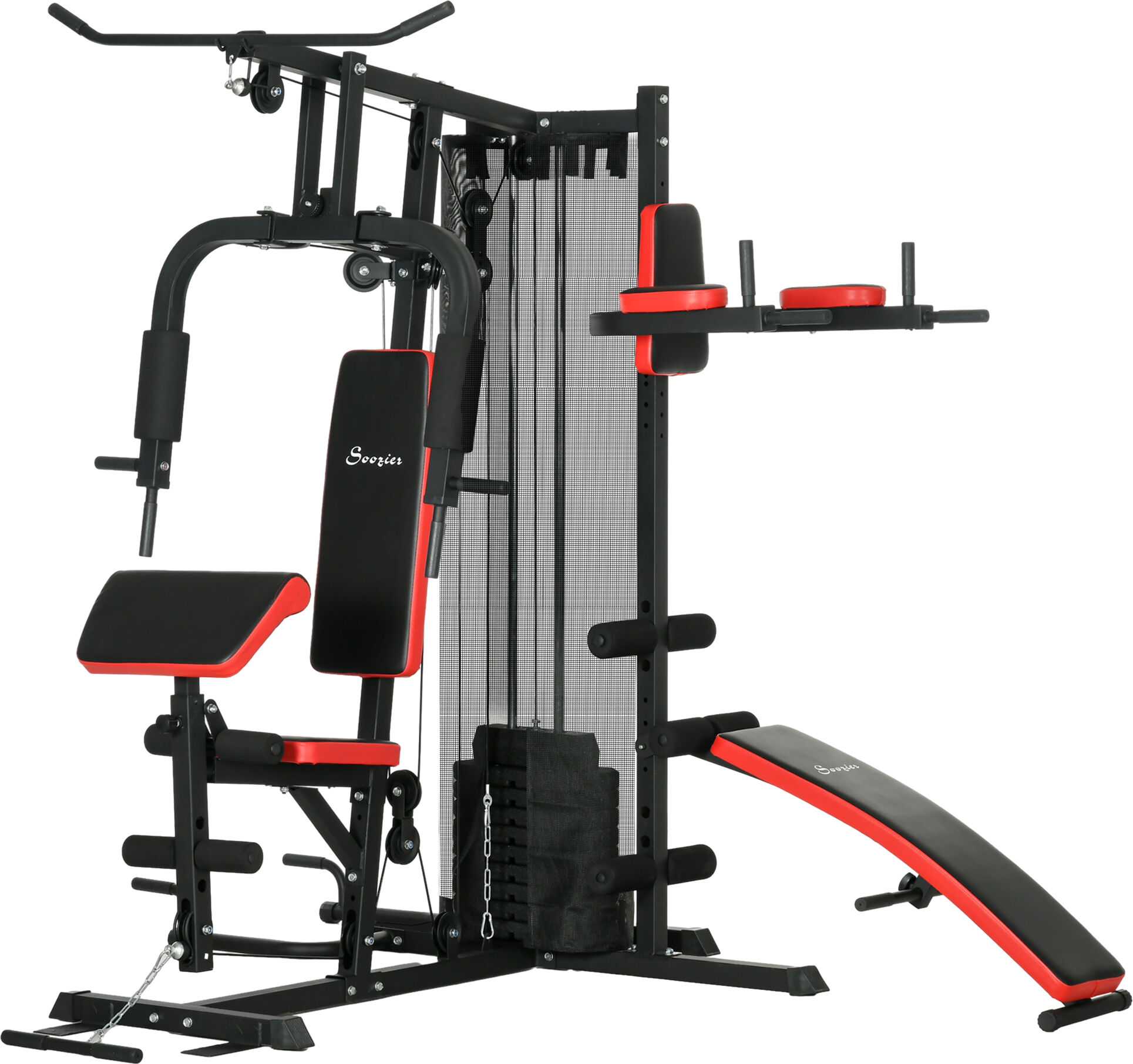 Soozier Multi Home Gym Equipment, Workout Station with Sit up Bench, Push up Stand, Dip Station, 143lbs Weights