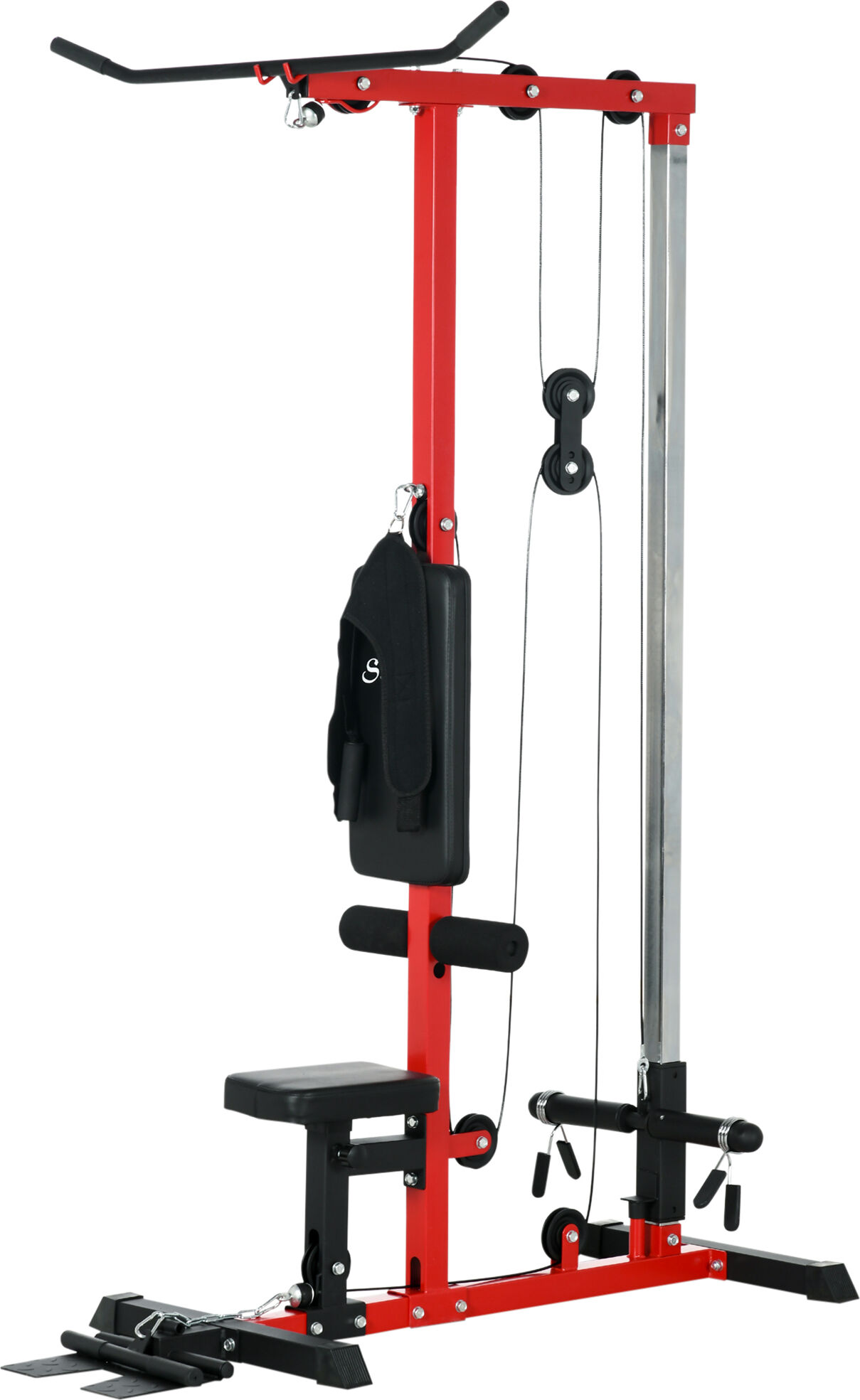 Soozier Lat Pull Down Machine, High / Low Pulley Machine with Adjustable Seat and Flip-Up Footplate, Red