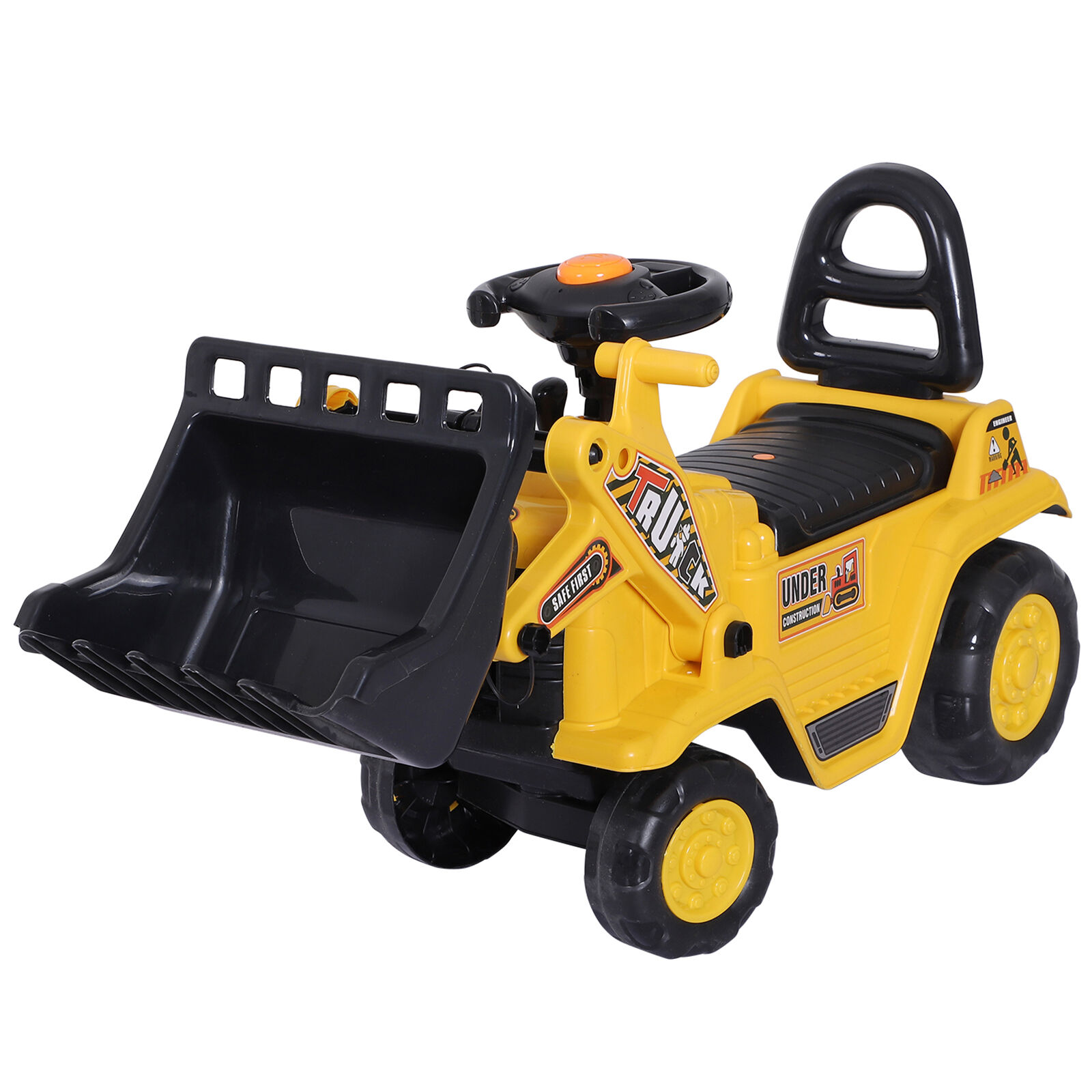 HOMCOM Kids Ride On Excavator Toy, Yellow Pull Cart Bulldozer with Bucket, Horn, Steering Wheel   Aosom.com Toddler Fun