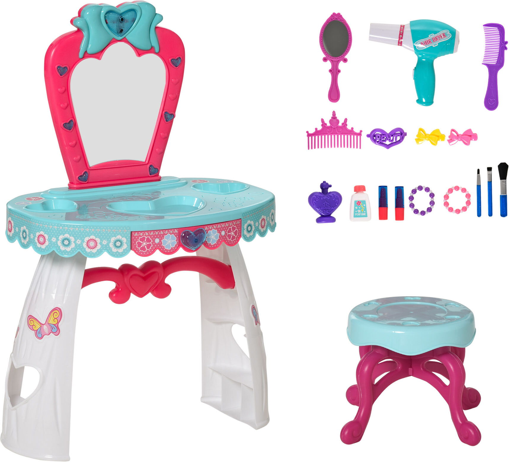 Qaba Kids Vanity Dressing Table Make Up Desk w/ Stool Beauty Kit Princess Magic Mirror Lights Music Pretend Toy for 3 Years Old Lake Blue & White