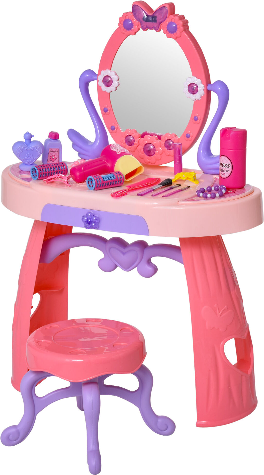 Qaba Children's Vanity Set with Stool   Interactive Beauty Playset with Mirror, Lights, Sounds, Makeup Accessories for Kids 3+   Pink   Aosom.com