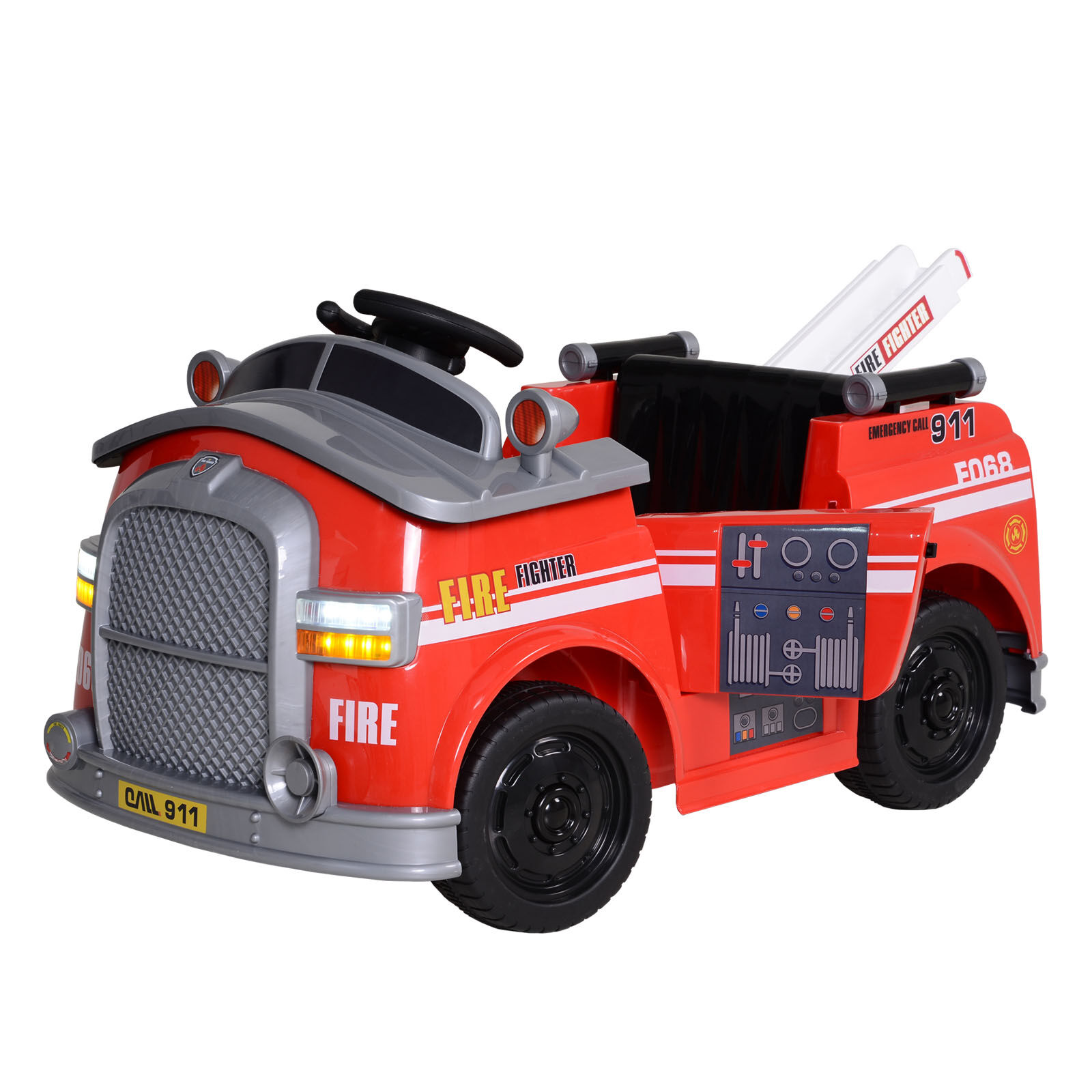 Aosom 6V Electric Ride-On Fire Truck Vehicle for Kids with Remote Control, Music, Lights & Ladder, Red