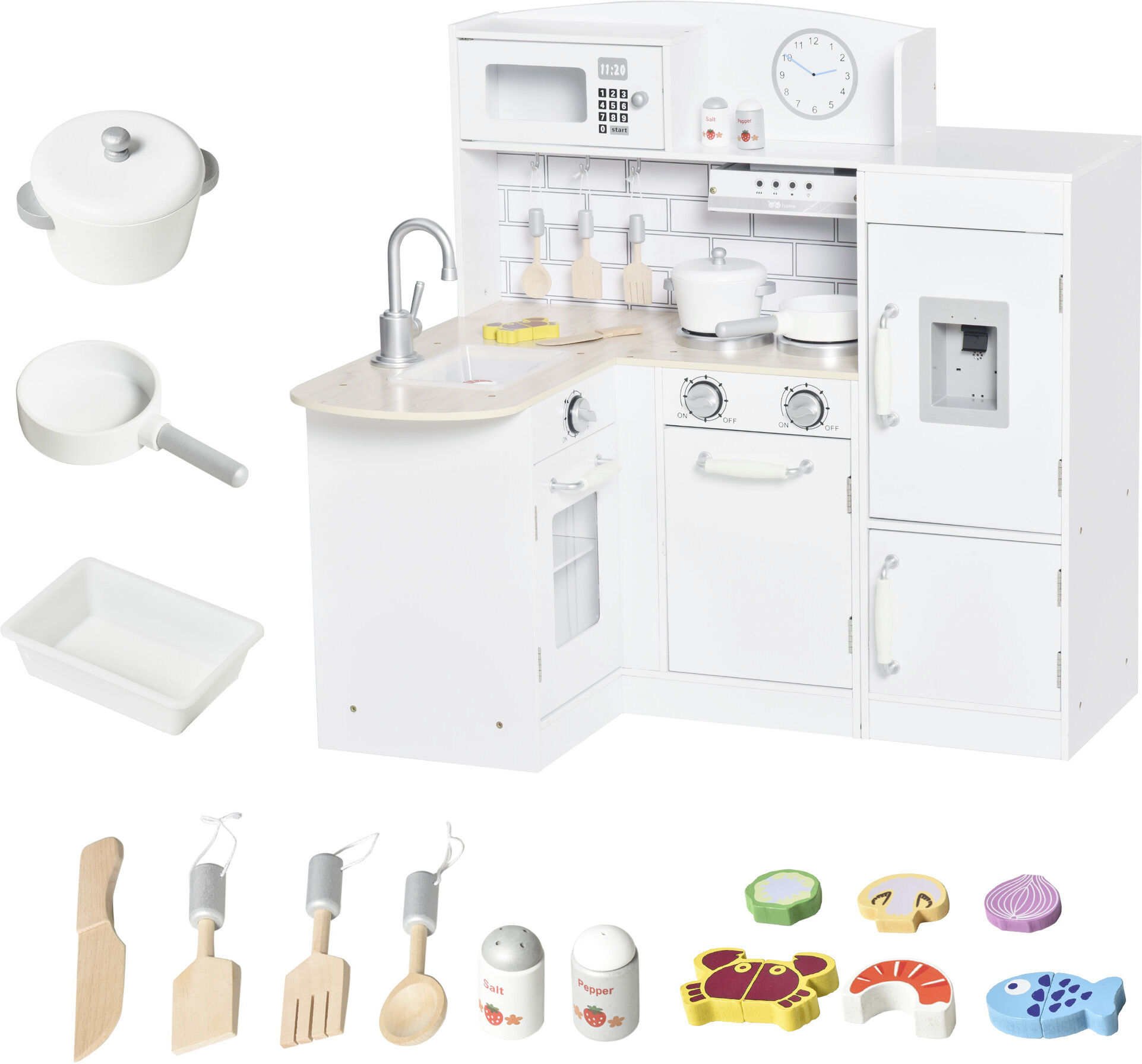 Qaba Kids Kitchen Set, Pretend Wooden Cooking Toy Set with Drinking Fountain, Microwave, Fridge and Accessories for Age 3 Years, White