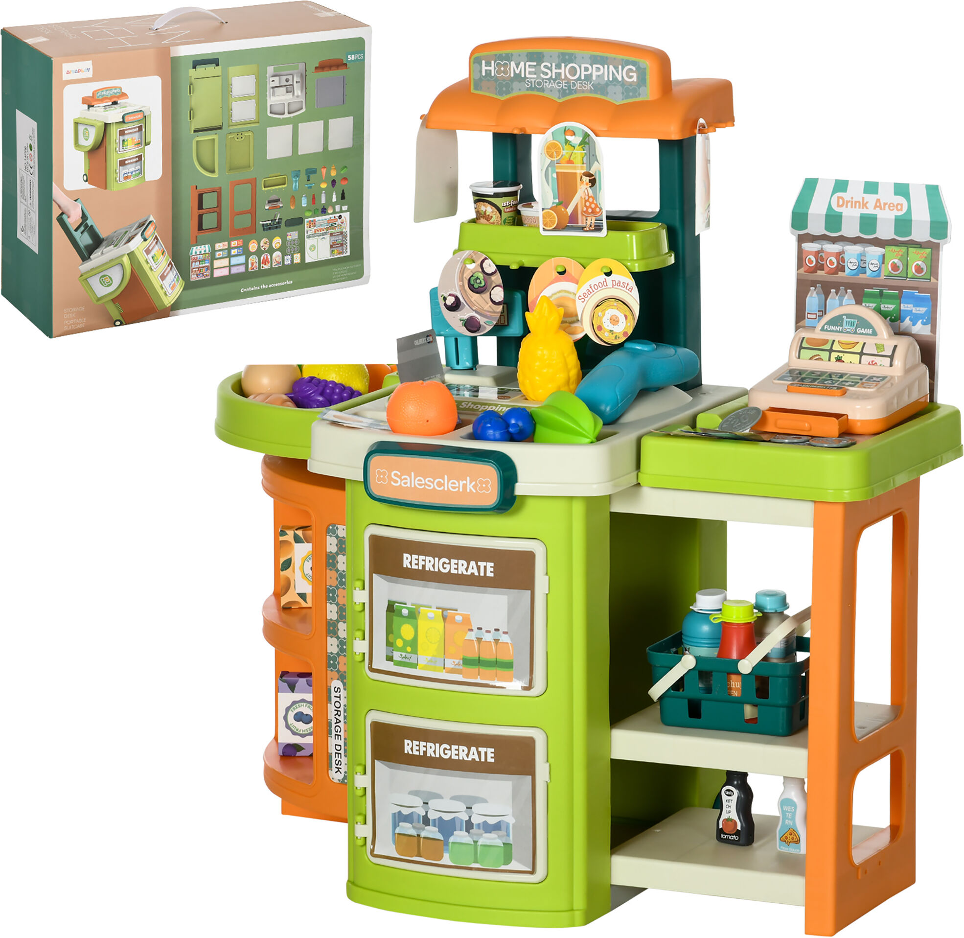 Qaba Complete 58Pcs Grocery Store Playset for Kids Includes Trolley Cash Register Scanner Play Food for Ages 3-6 Aosomcom