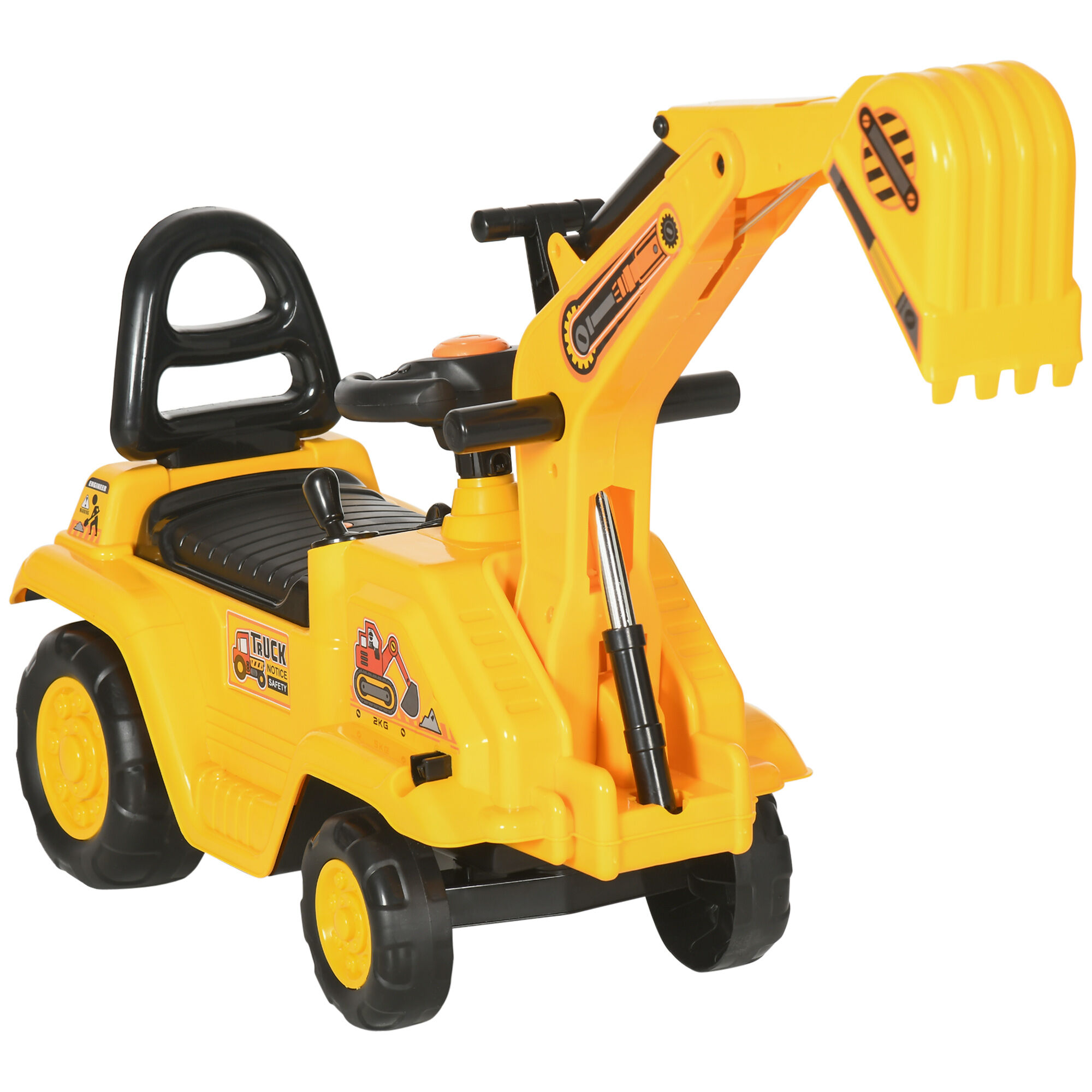 HOMCOM 3 in 1 Ride On Toy Excavator Digger Scooter Pulling Cart Pretend Play Construction Truck