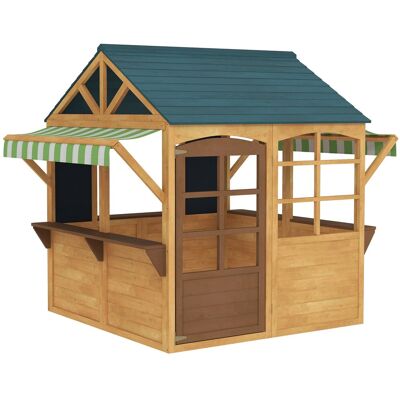 Qaba Wooden Outdoor Playhouse, Foldable Kids Cottage with Windows, Working Door, Snack Bars, Waterproof Covers, for 3-8 Years Qaba Wooden Outdoor Playhouse, Foldable Kids Cottage with Windows, Working Door, Snack Bars, Waterproof Covers, for 3-8 Years