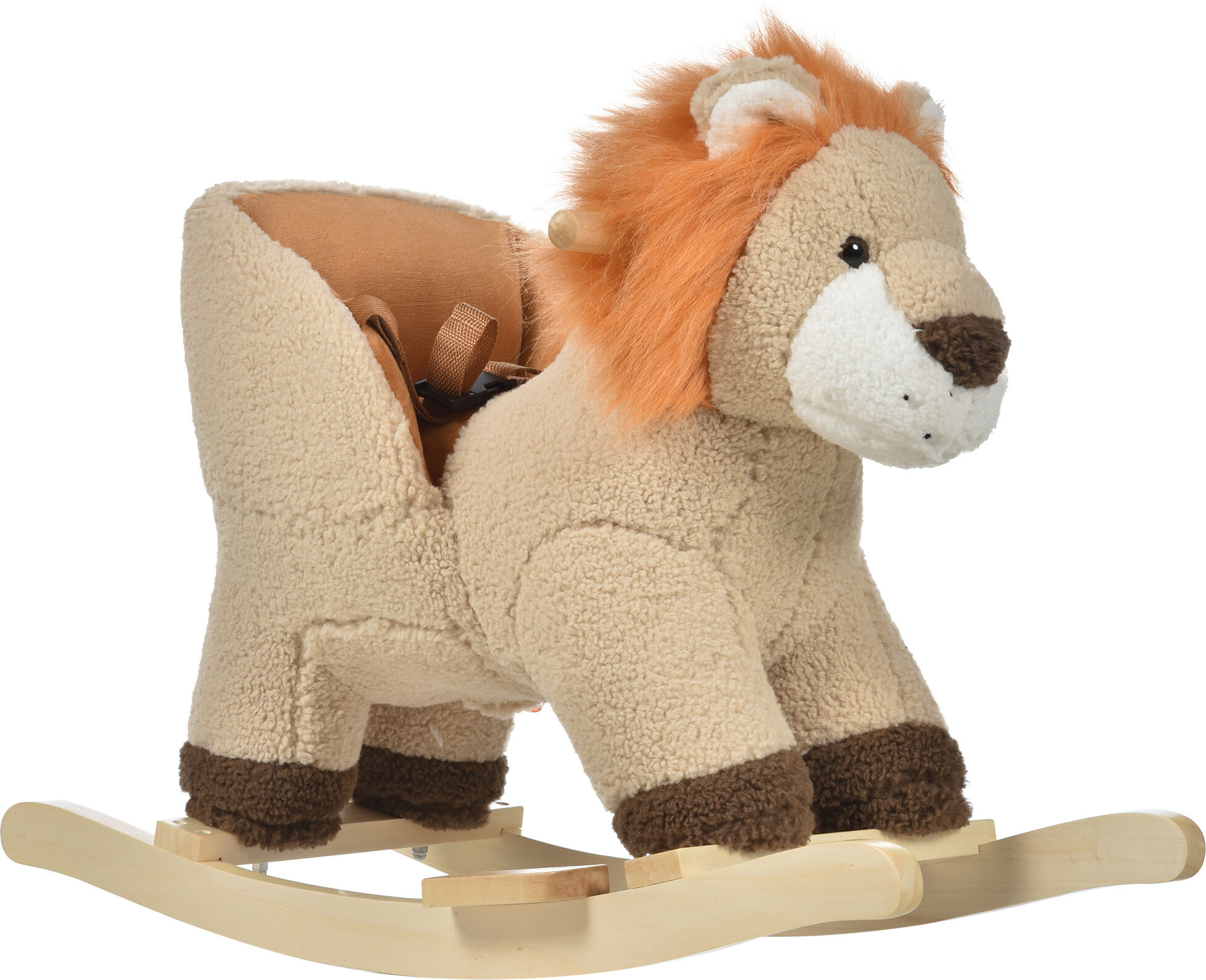 Qaba Baby Rocking Horse Lion with Sound, Plush Stuffed Rocking Animals, Wooden Rocking Horse with Seat Belt for 18-36 Months Boys & Girls Gift, Brown