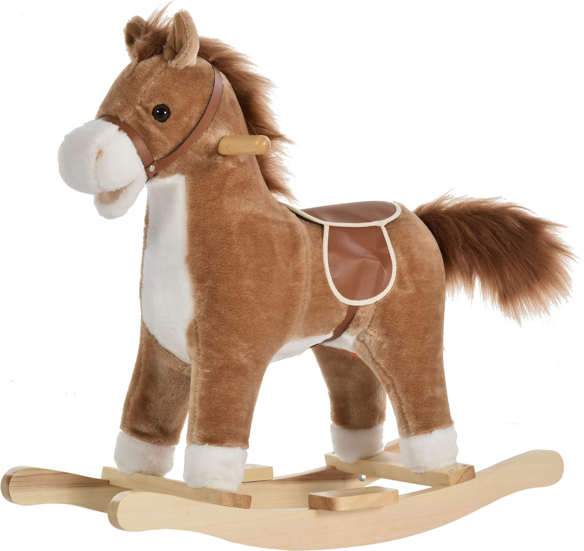 Qaba Kids Rocking Horse Plush Animal on Wooden Rockers with Sounds, Wooden Base, Baby Rocking Chair for Toddler Boys Girls 36-72 Months, Brown