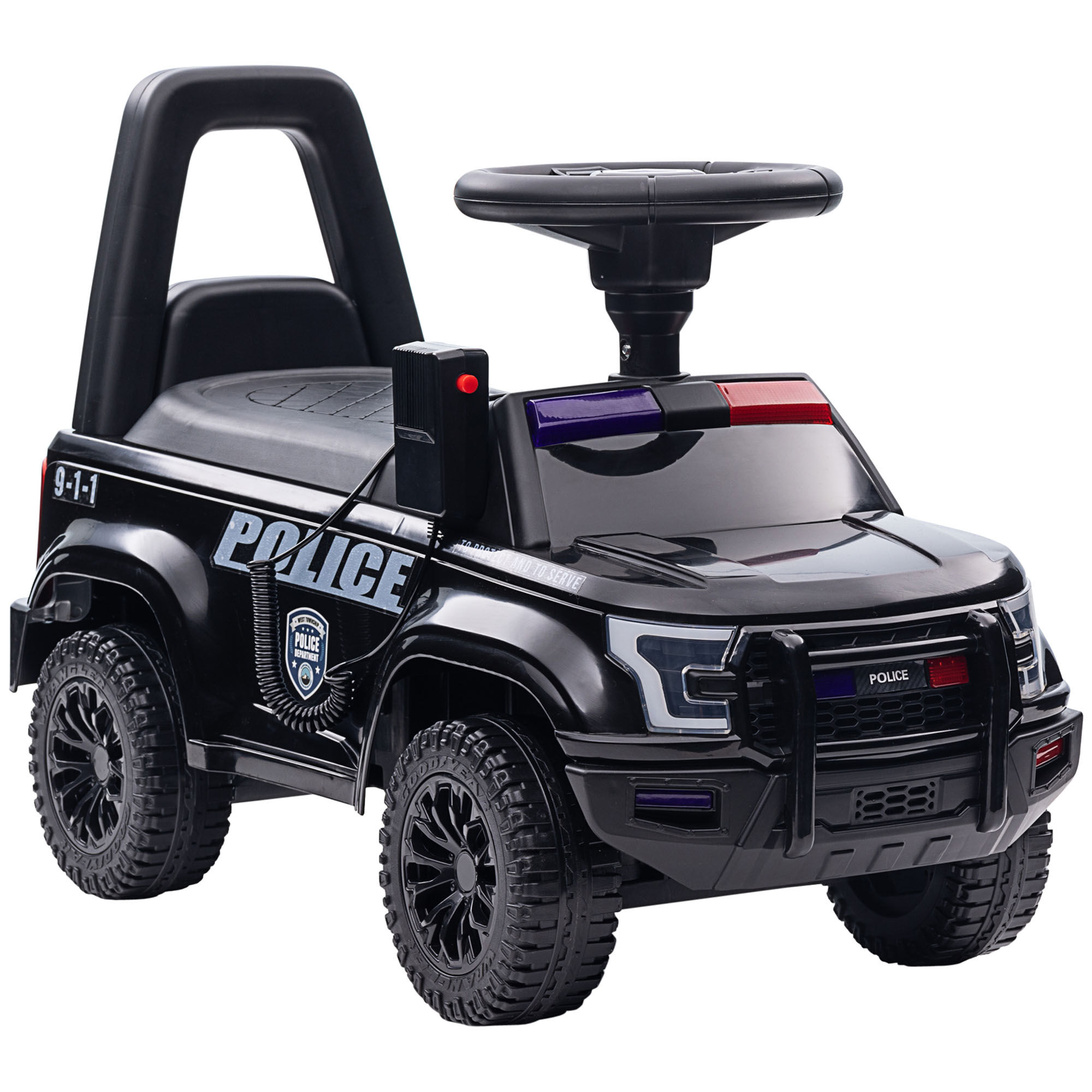 Aosom Police Car Ride-on with Megaphone, Kids Ride On Sliding Car with Hidden Under Seat Storage for 18 Months to 5 Years, Removable Backrest, Black