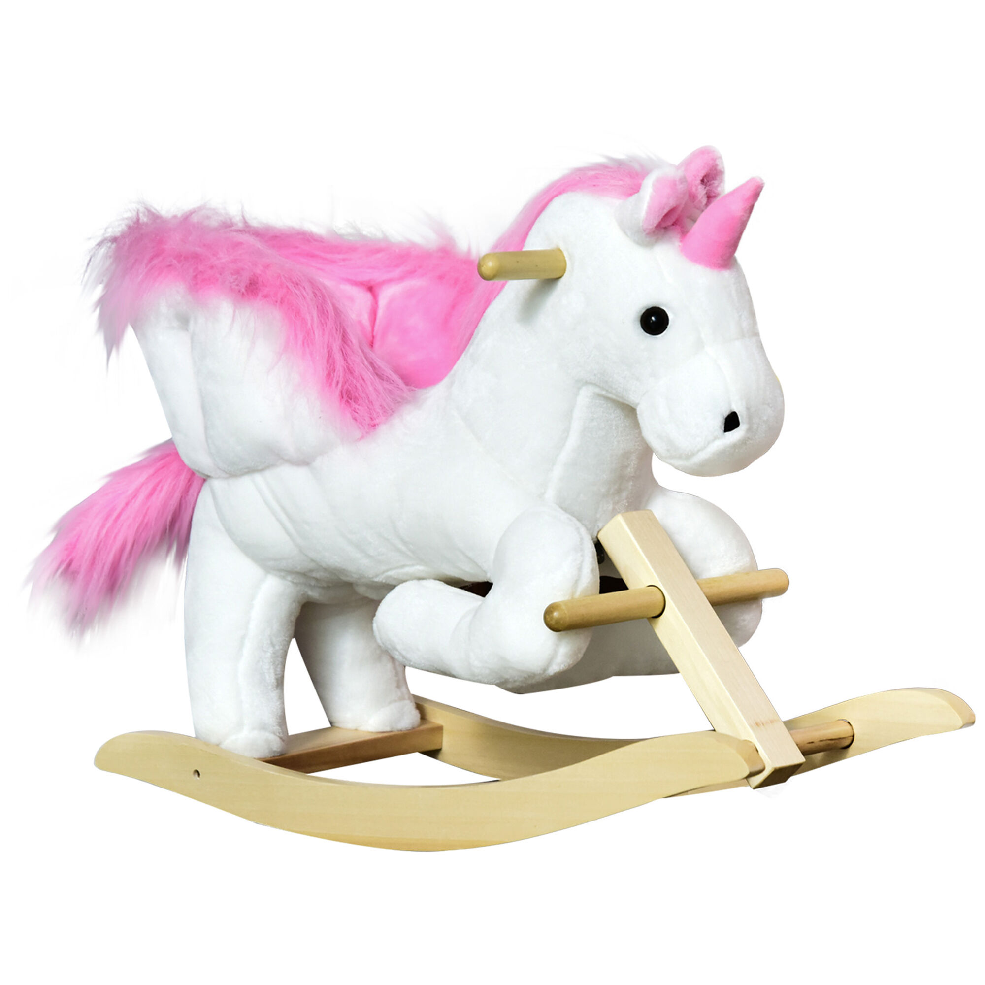 Qaba Baby Plush Rocking Unicorn Wooden Ride-On Chair Lullaby Song 18-36 Months White Pink Comfort Joy Aosom.com