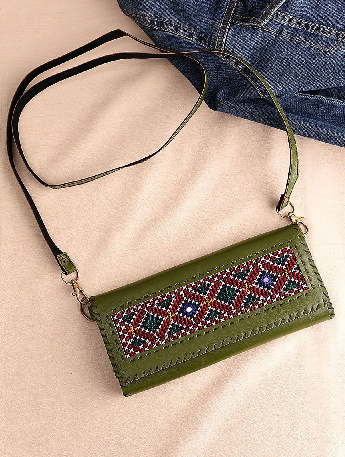 Jaypore Women Olive Handcrafted Genuine Leather Wallet With Jat Embroidery and Deatchable Sling