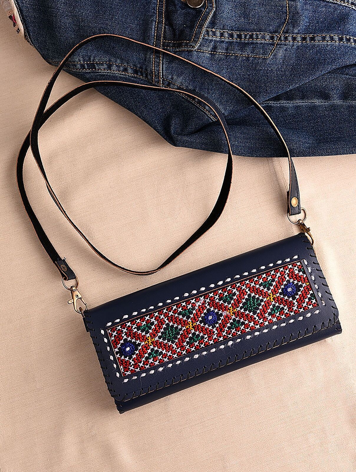Jaypore Women Navy Blue Handcrafted Genuine Leather Wallet With Jat Embroidery and Deatchable Sling