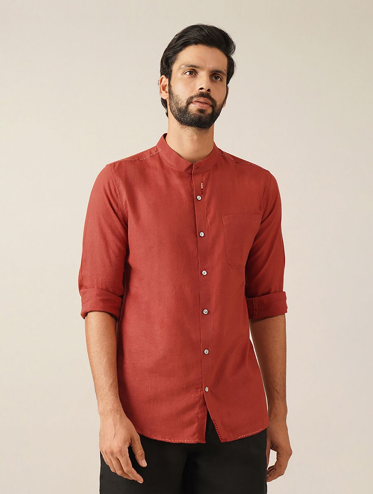 Jaypore Men Maroon Handspun And Handwoven Cotton Full Sleeves Short Shirt - 38