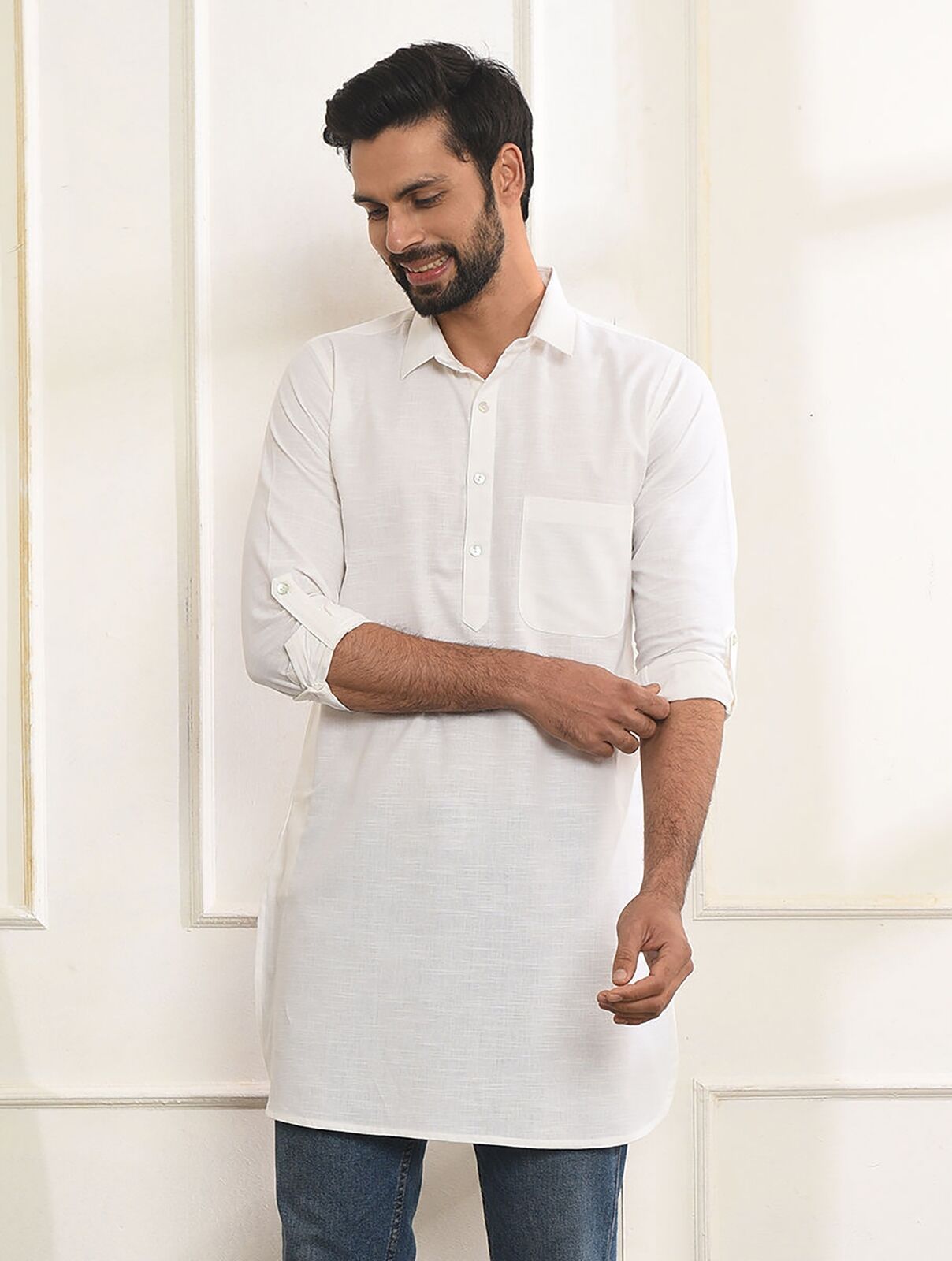 Jaypore Men Ivory Short Cotton Kurta - 38