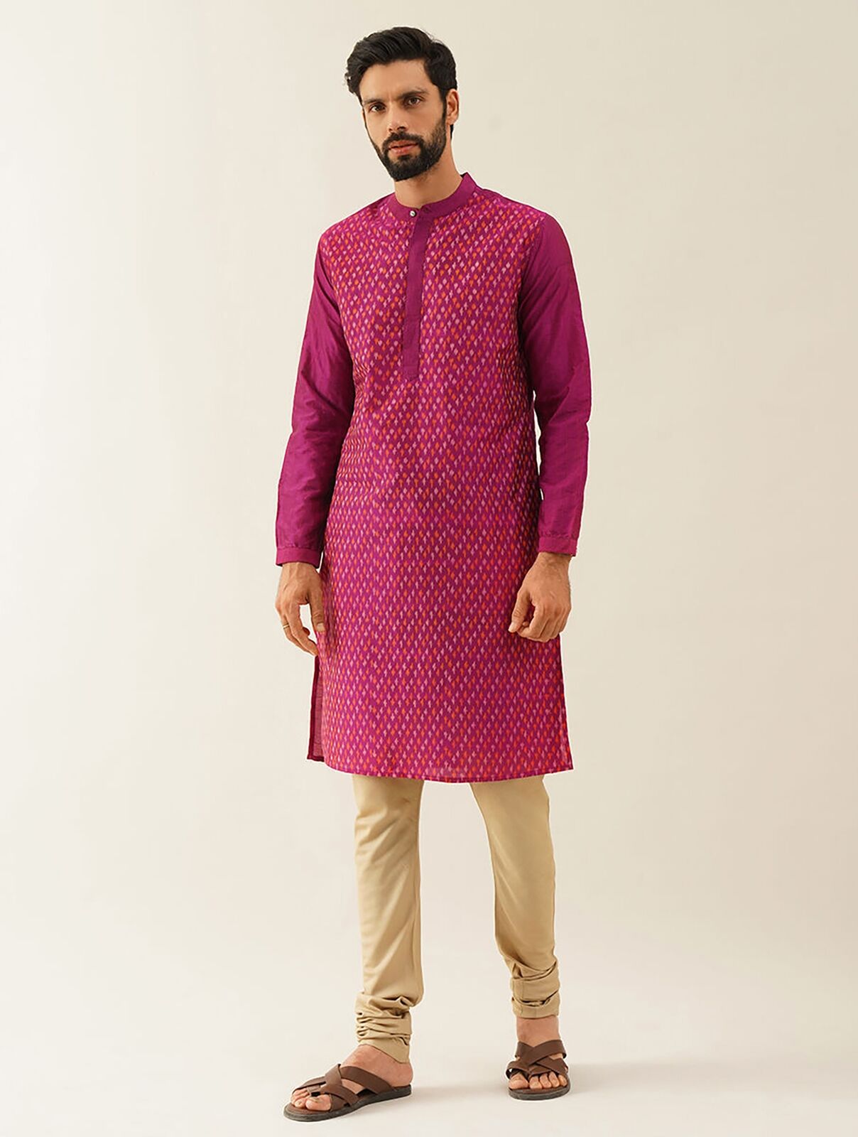 Jaypore Men Pink Handloom Ikat Silk Cotton Long Kurta - 38