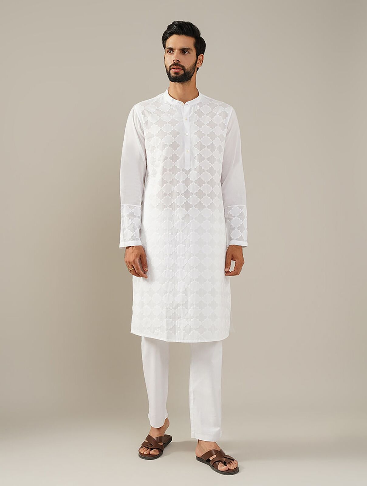 Jaypore Men White Hand Applique Cotton Long Kurta - XL