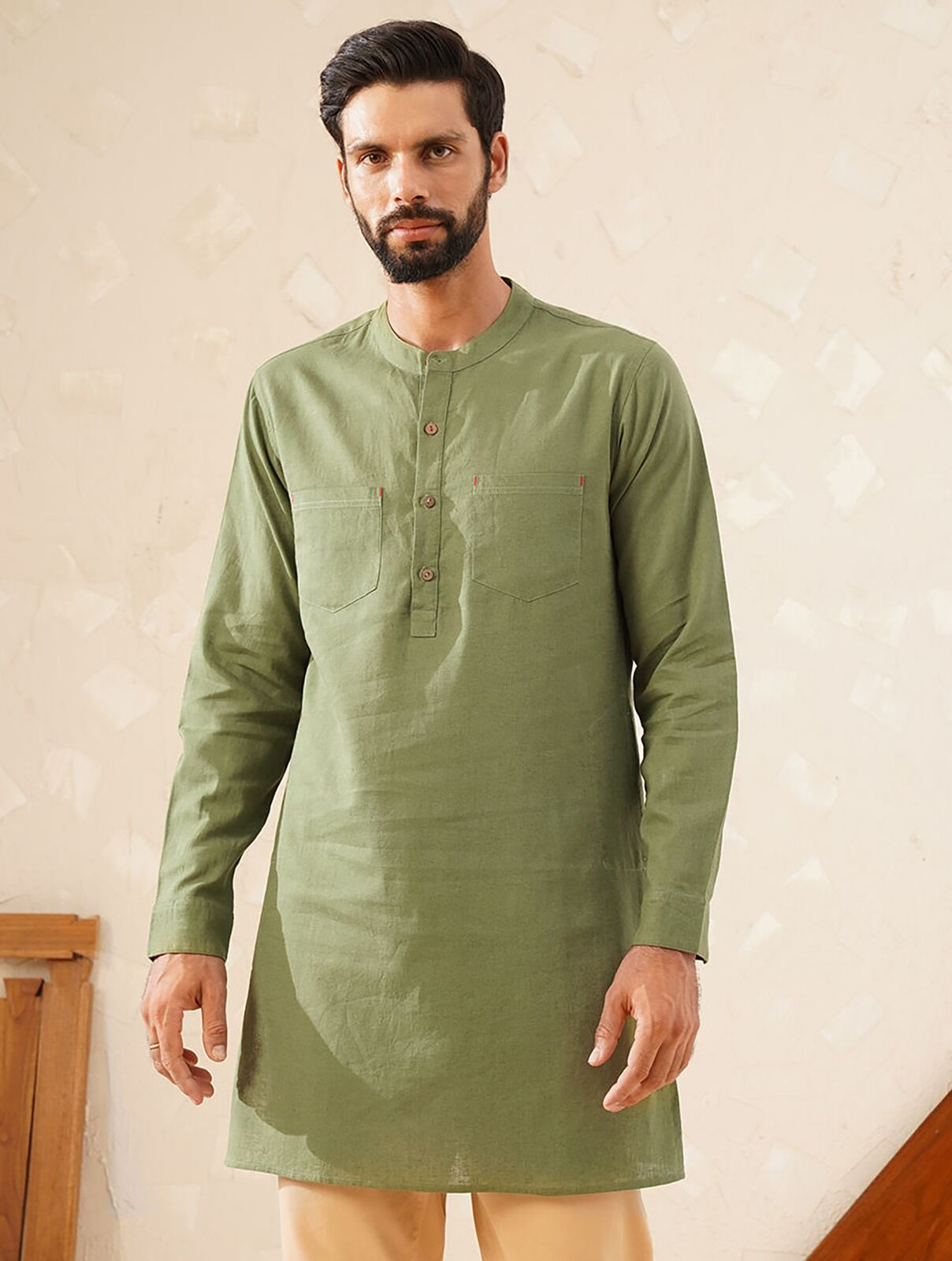 Jaypore Men Olive Cotton Linen Short Kurta - 38