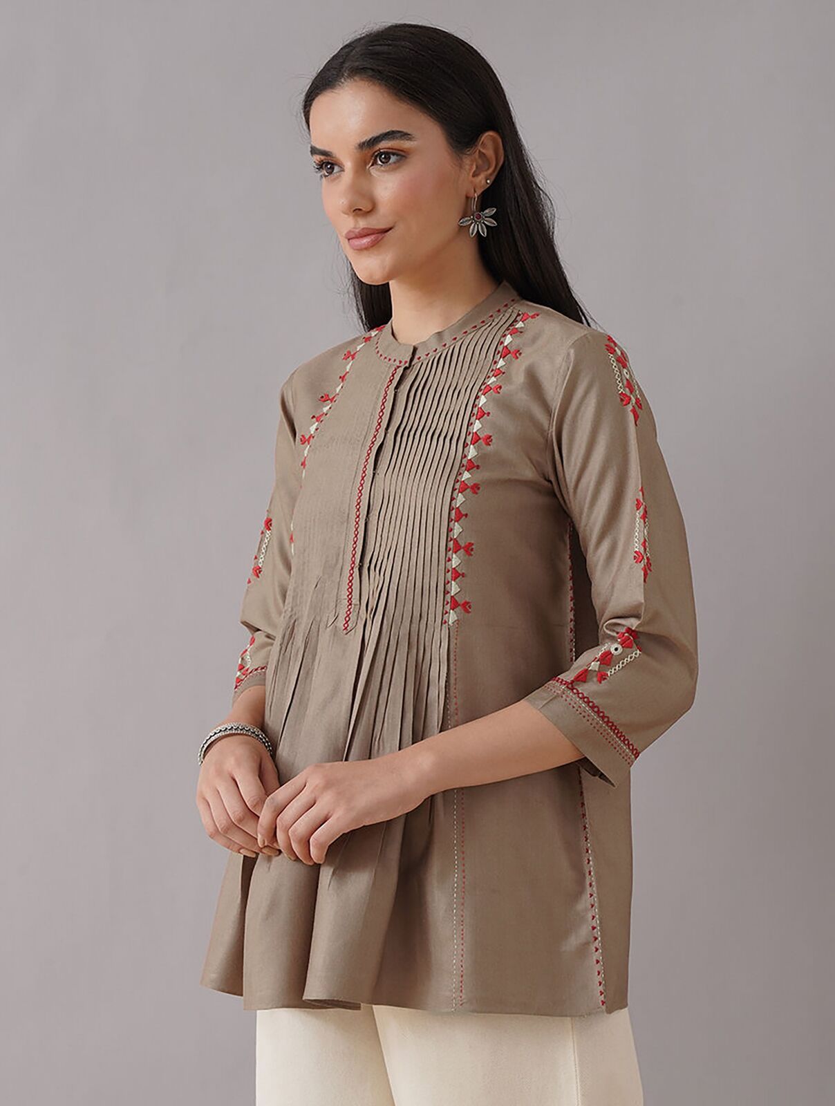 Jaypore Women Beige Embroidered Silk Viscose Top - XL