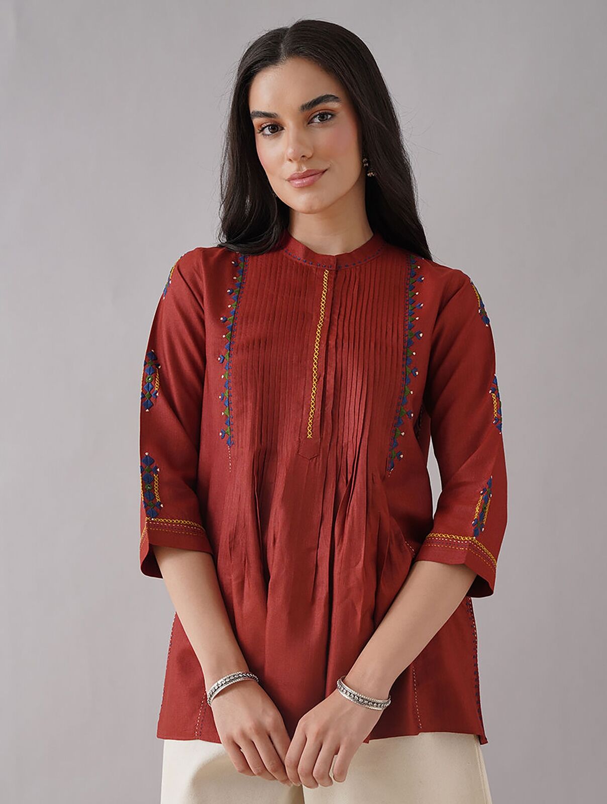 Jaypore Women Red Embroidered Silk Viscose Top - XL