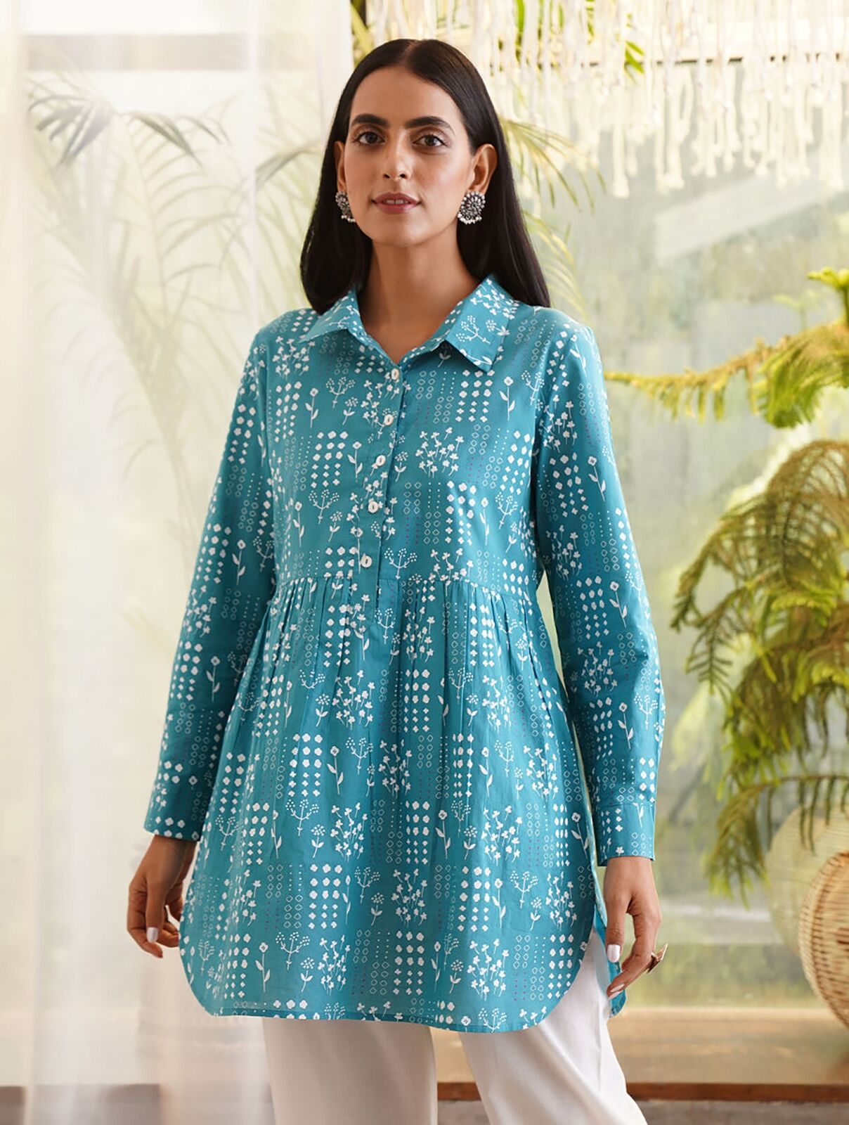 Jaypore Women Blue Printed Cotton Top - XL