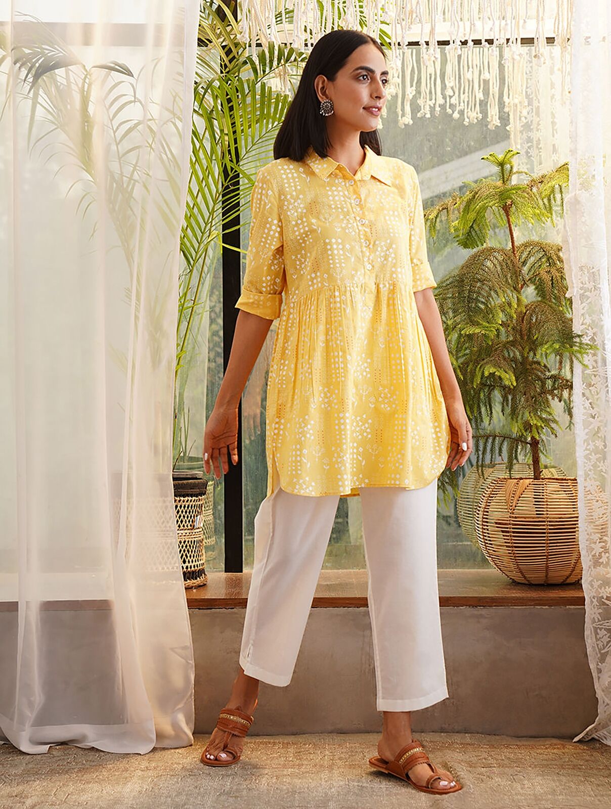 Jaypore Women Yellow Printed Cotton Top - XL