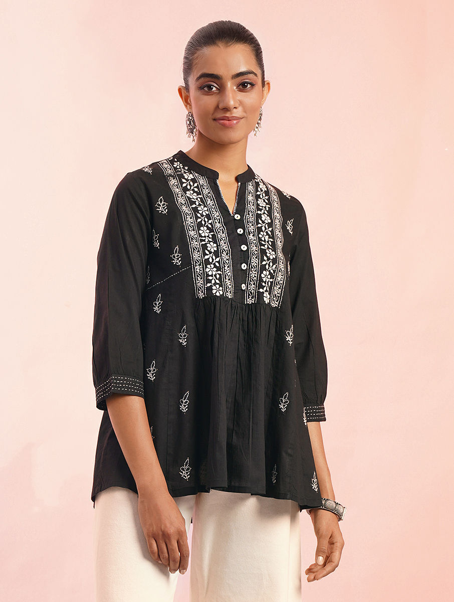 Jaypore Women Black Chikankari Cotton Top With Mukaish - XL