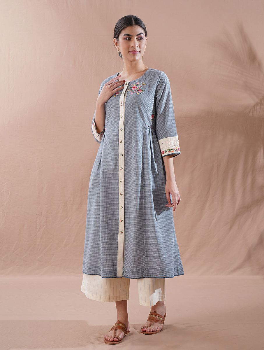 Women Blue Button Down Embroidered Cotton Kurta With Hand Work - S