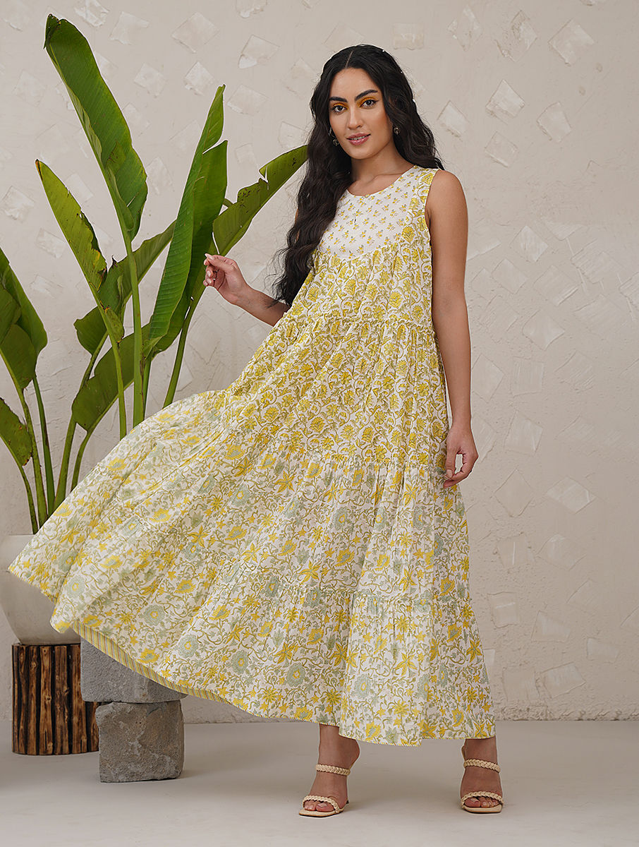 Women Multicolour Block Printed Cotton Maxi Dress - XS