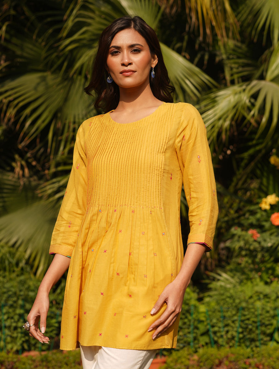 Women Mustard Embroidered Cotton Tunic With Pintuck - XL