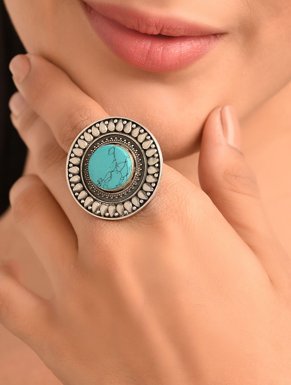 Jaypore Women Turquoise Tribal Silver Ring