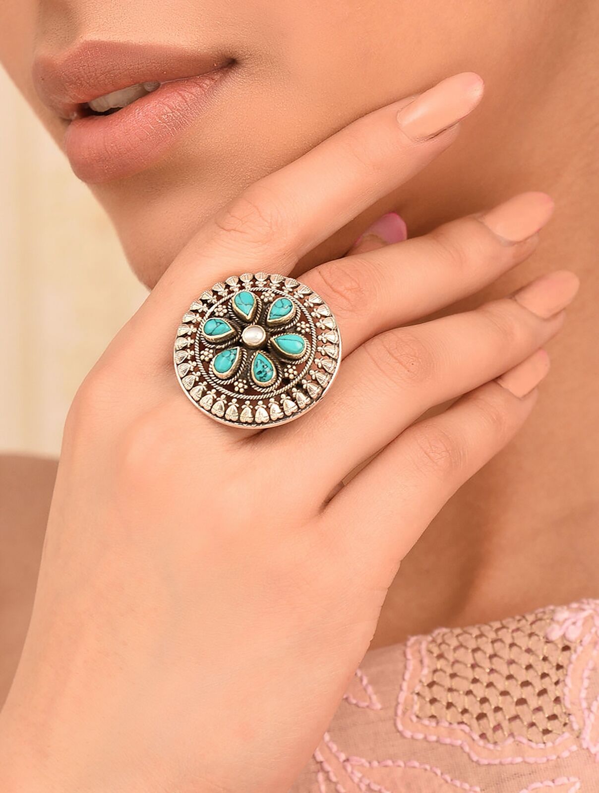 Jaypore Women Turquoise Tribal Silver Ring