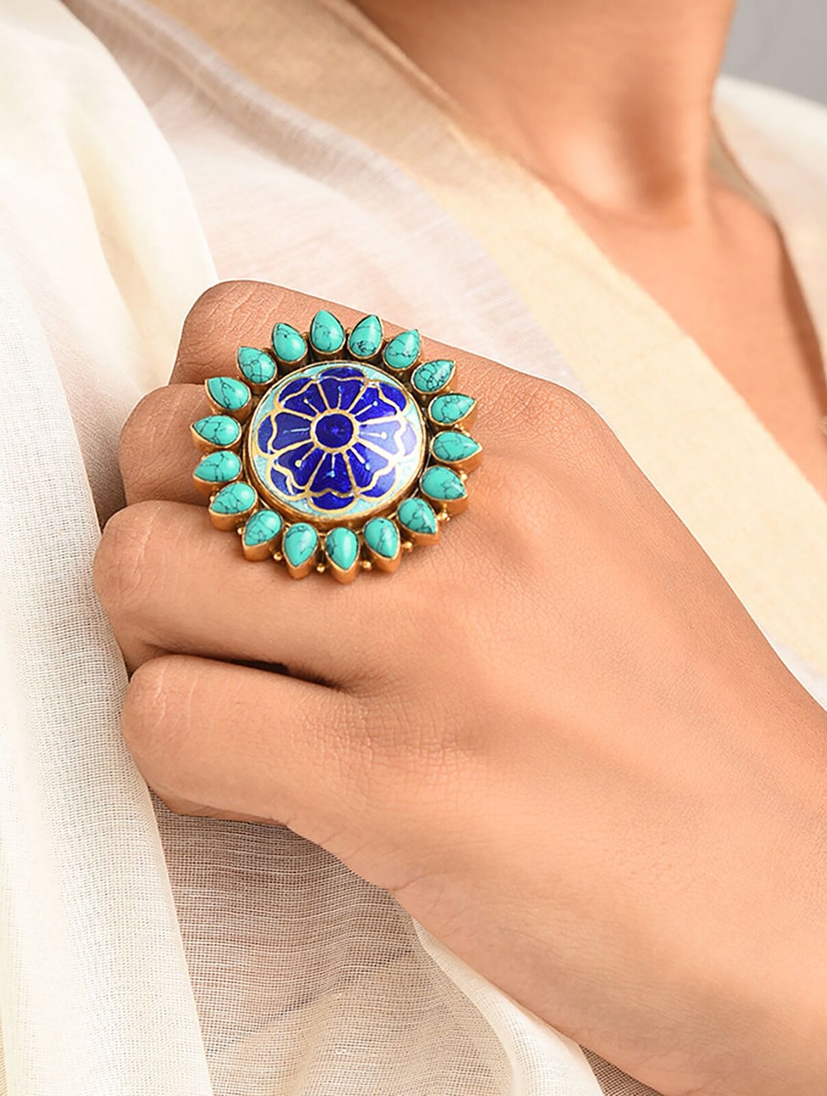 Jaypore Women Turquoise Enameled Gold Tone Silver Ring